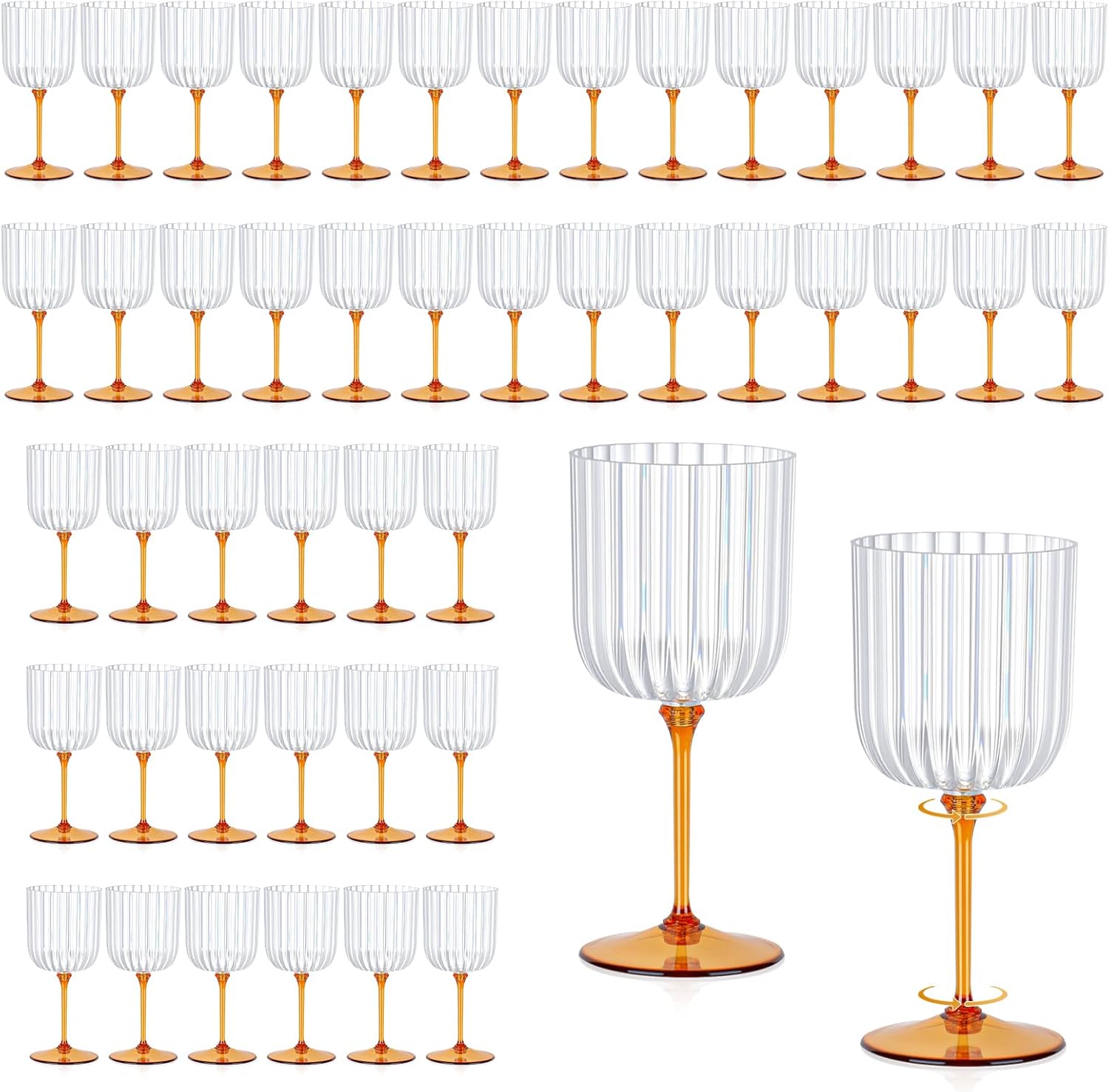 48 PCS Plastic Ribbed Wine Glasses 11oz Clear and Amber Detachable Wine Goblet Unbreakable Vintage Ripple Water Goblets Cocktail Drinking Cups for Parties Weddings Poolside Outdoors