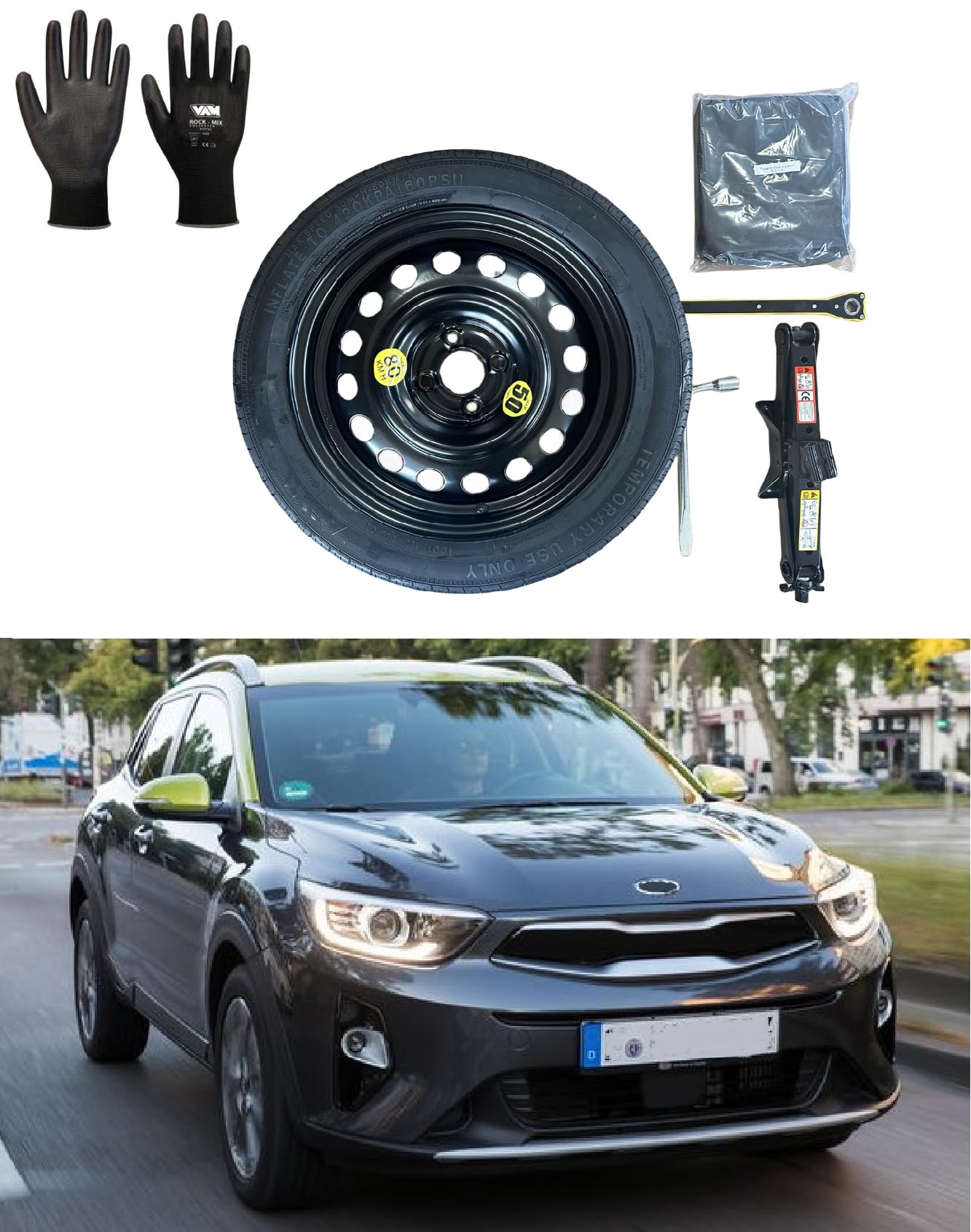 Kit rueda de repuesto de 17" compatible con Kia Stonic con gata, llave, guantes y funda 125/70R17