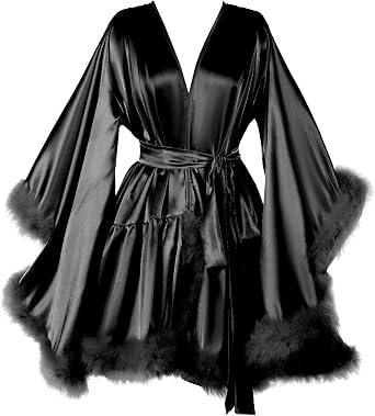 Womens Feather Bridal Robes Silk Satin Bridal Dressing Gown Sexy Illusion Lingerie Sleepwear