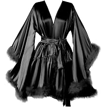 Womens Feather Fur Robe Silk Satin Bridal Dressing Gown Sexy Illusion maternity lingerie for photoshoot