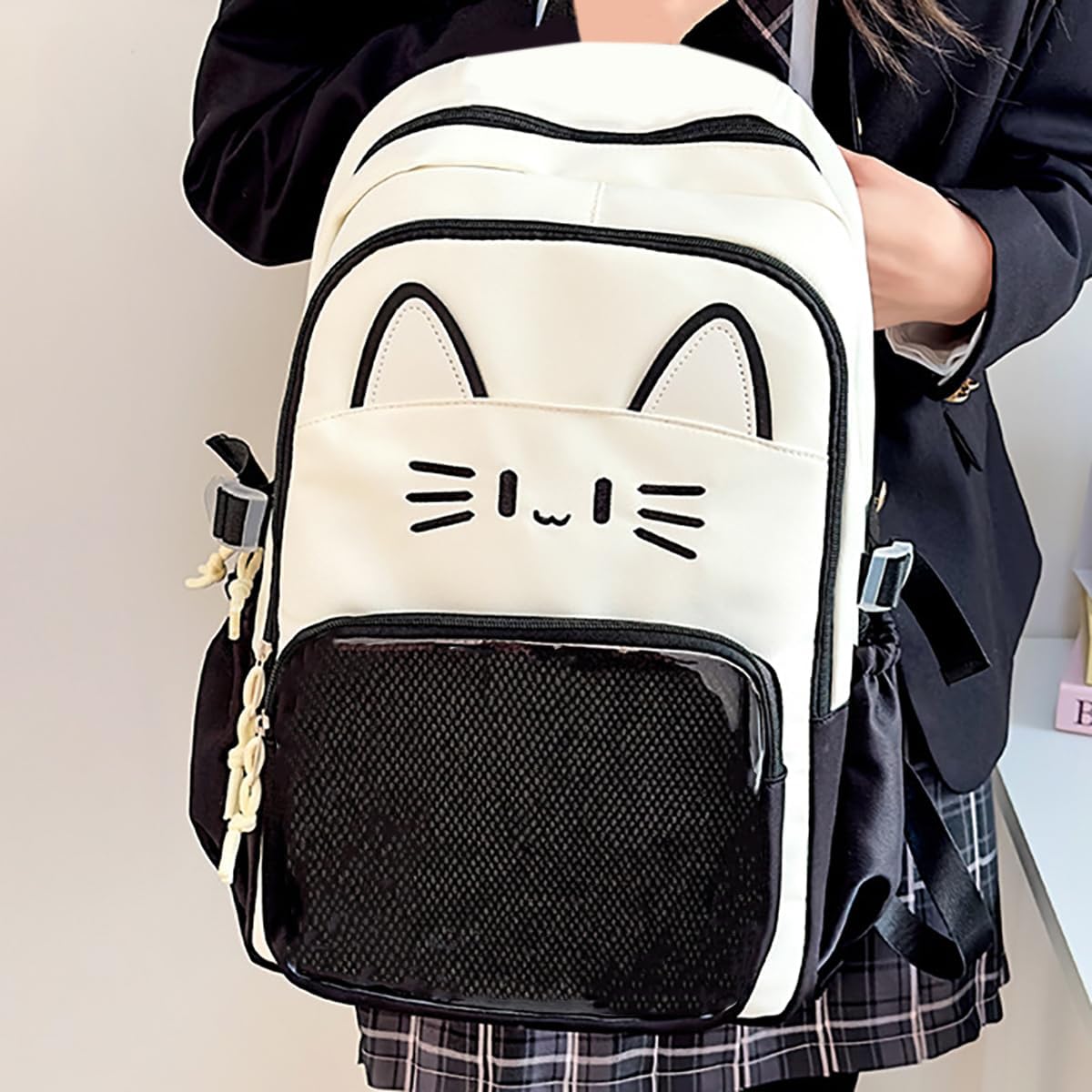 Cute Cat Ita Bag with Pin Display Insert Preppy Backpack for Girls Cartoon Bookbag for School (Black)