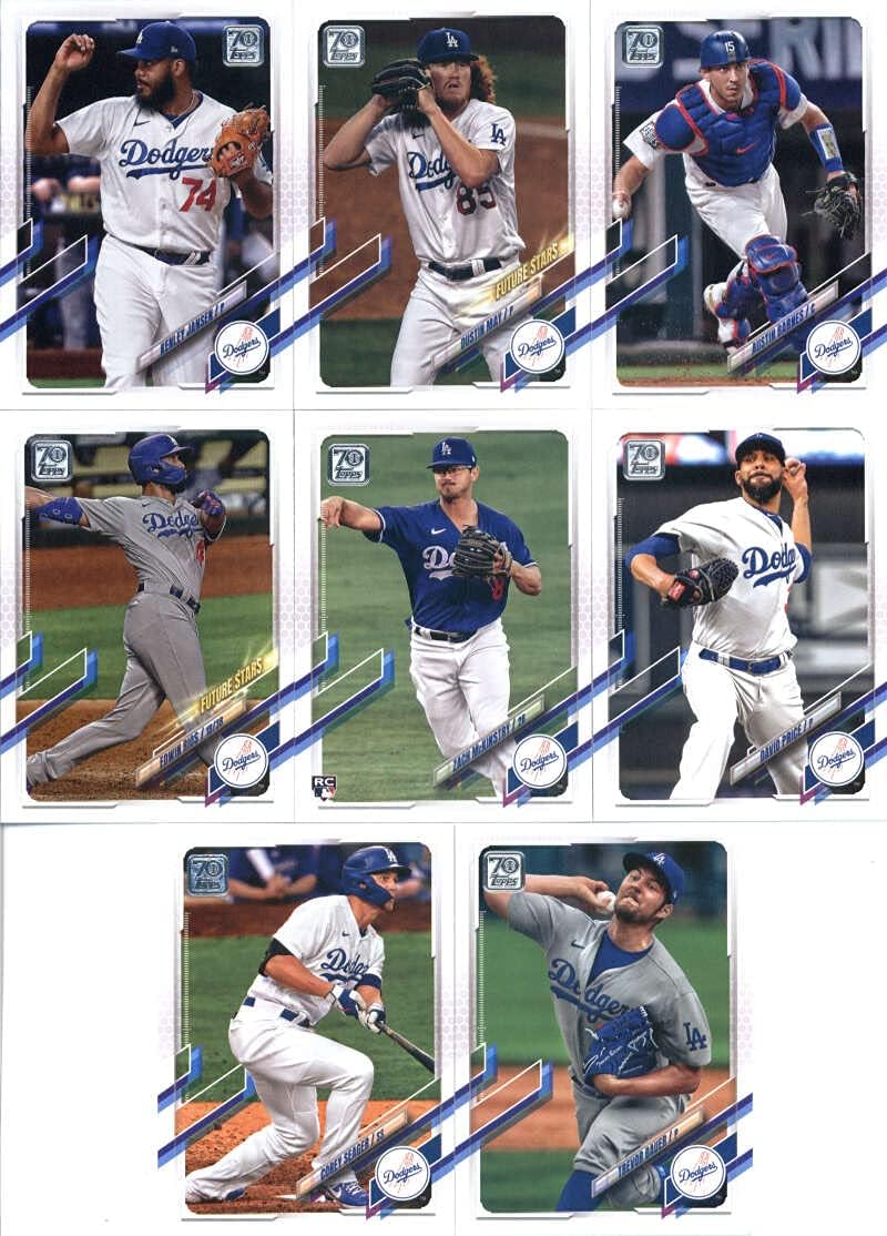 2021 Topps Complete (Series 1 & 2) Los Angeles Dodgers Team Set of 31 Cards: Julio Urias(#5), Mookie Betts(#13), Mookie Betts(#15), Joc Pederson(#40), Walker Buehler(#44), Cody Bellinger(#50), Will Smith(#57), Chris Taylor(#64), Clayton Kershaw(#67), Gavin Lux(#83), Brusdar Graterol(#85), Clayton Kershaw(#179), Corey Seager(#198), Los Angeles Dodgers(#201), Tony Gonsolin(#230), A.J. Pollock(#235), Keibert Ruiz(#256), Mitch White(#270), plus more
