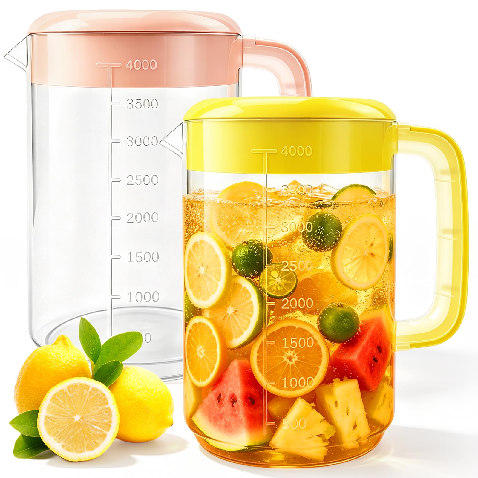 Nexboraque Paquete de 2 jarras coladoras de plástico de 1 galón con tapa, jarra de agua grande con asa y medidas para bebidas frías, jarra de té helado para limonada, leche, jugo, bebidas, rosa,