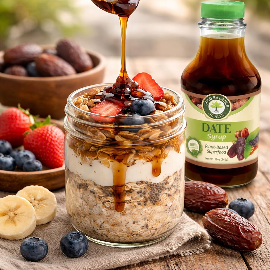 Good Balance Health Organic Date Syrup Sweetener, Natural Sugar Alternative for Coffee, Tea, Baking and Cooking, Vegan Paleo Gluten Free, Kosher, 22.5 oz Squeeze Bottle