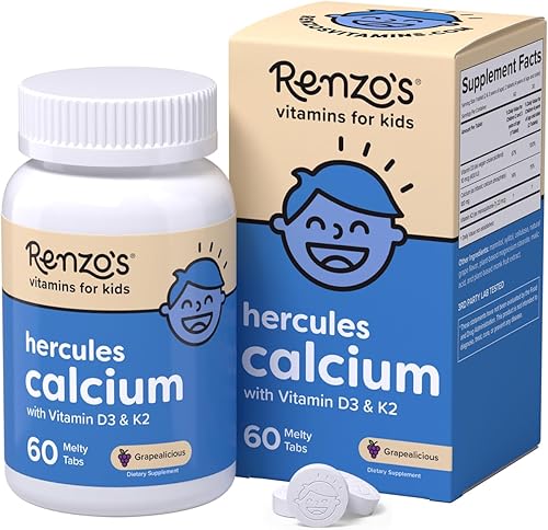 Renzo's Hercules Suplemento de calcio con vitamina D3 y K2, disoluble, para mayores de 2 años, vitaminas para niños, 60 pestañas derretidas con