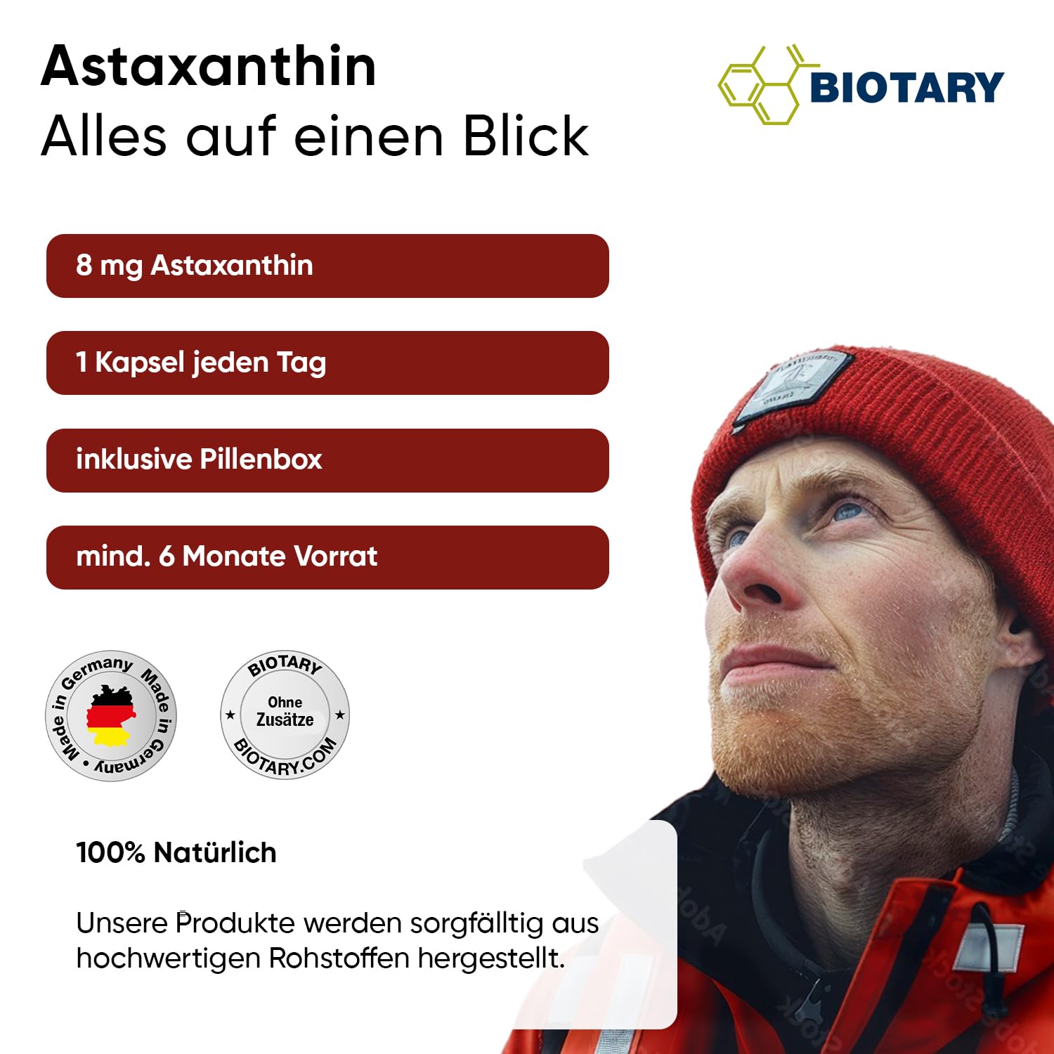Astaxantina 8 mg 200 capsule vegetali vegane e naturali, con vitamina E, scatola di pillole inclusa, testata in laboratorio, Haematococcus Pluvialis, fornitura da 6 a 7 me