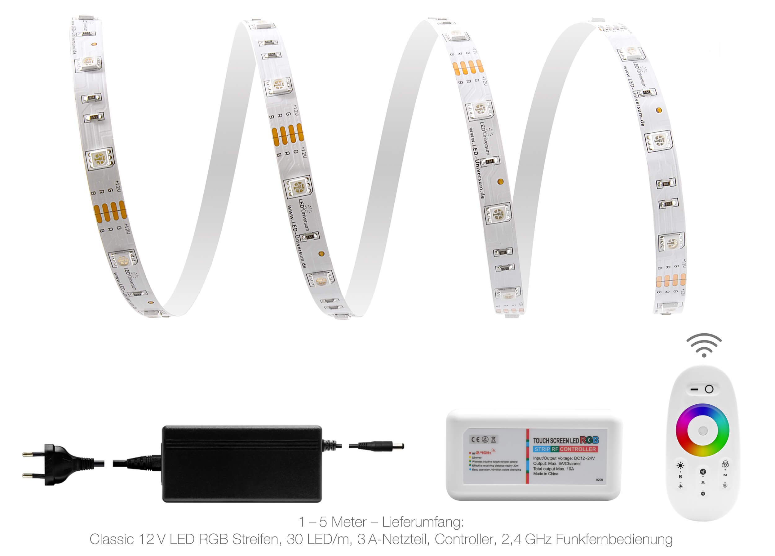1 m RGB Tira LED (30 LED/M, IP20, 12 V) con 2,4 GHz inalámbrico controlador, mando a distancia y fuente de alimentación