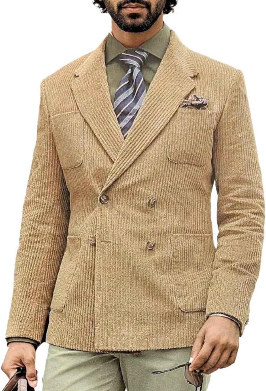Mens Corduroy Blazer Peak Lapel Jacket Double Breasted Jacket Prom Formal Business Wedding Tuxedo Blazers
