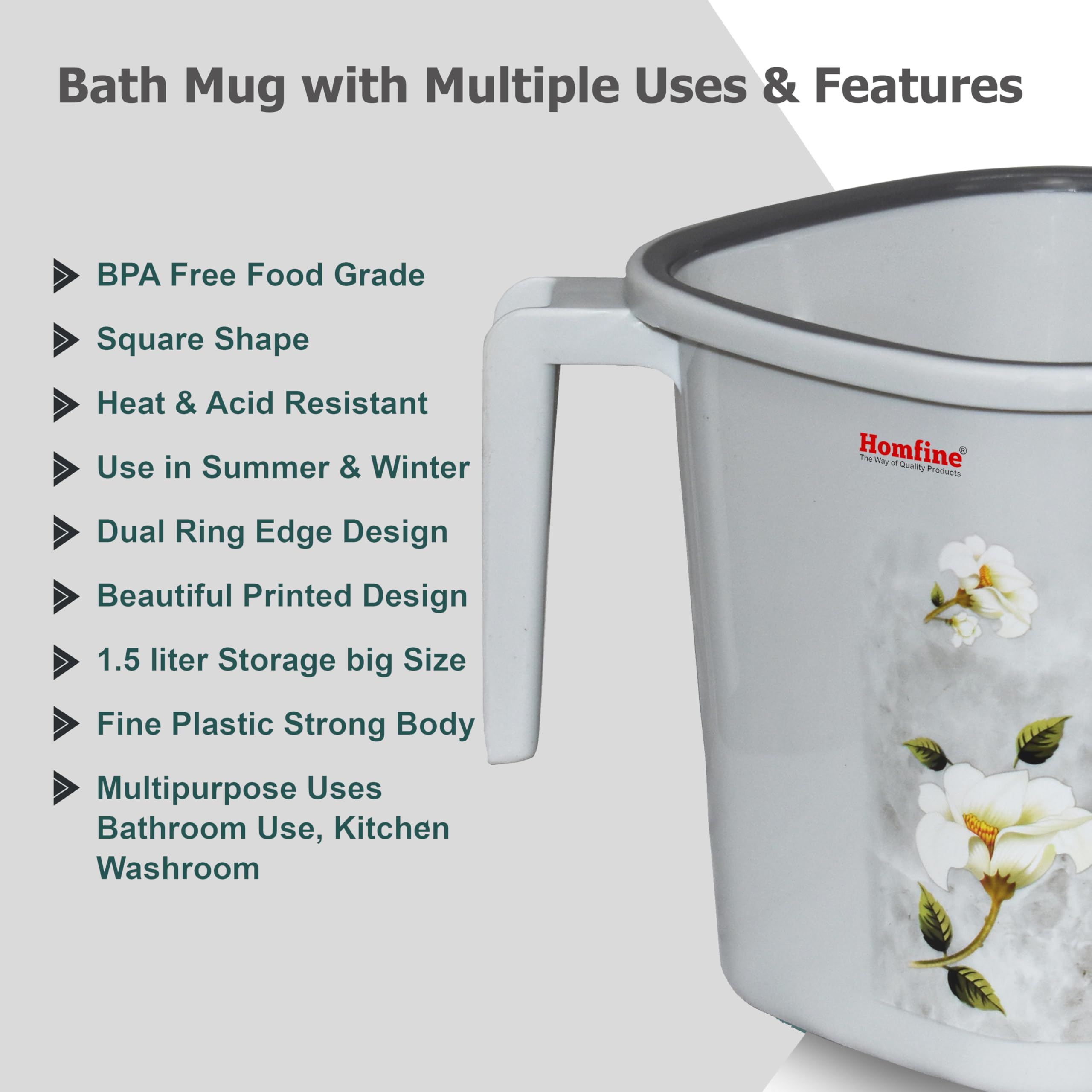 Homfine Pack of 4 Printed Square Bath Mug 1.5 litre/1500ml BPA Free Plastic for Multipurpose use in Home, Kitche, Office, Bathroom (Grey. Cream) 1