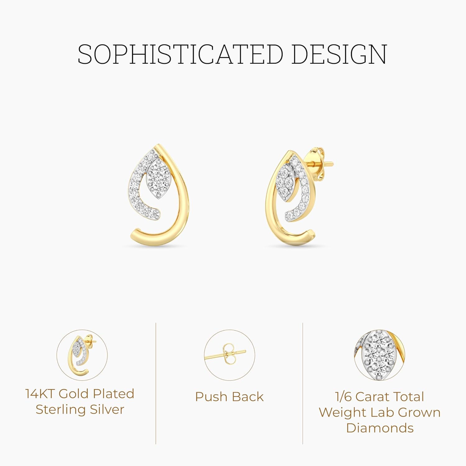 Itsy Bitsy by Gilded 14KT Gold Plated Sterling Silver Lab Grown Diamond Stud Earrings, 1/6 CTTW, SI1 F-Color, Push back