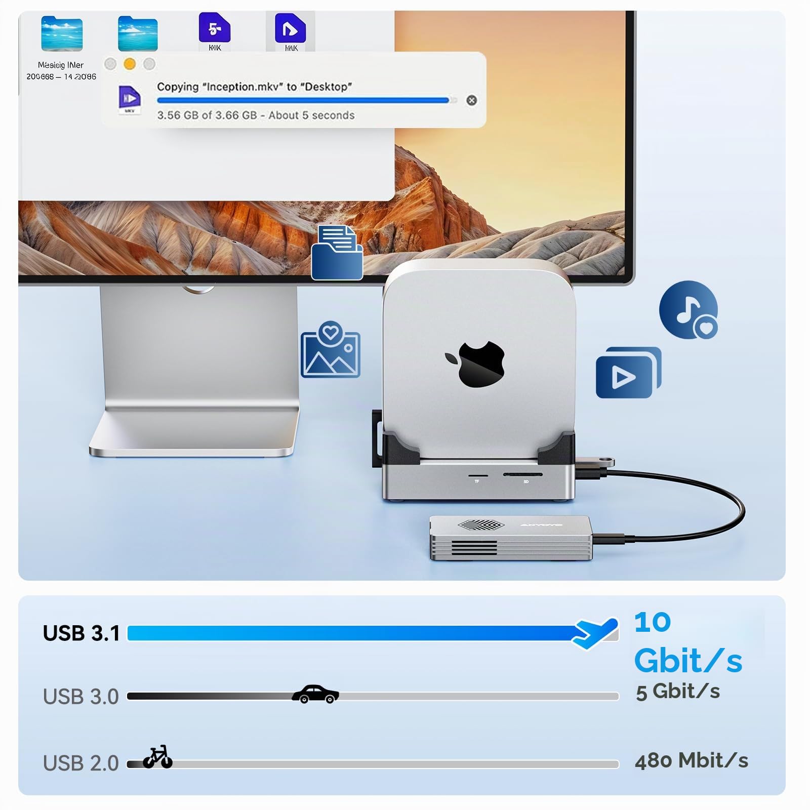 ANYOYO Mac mini M4 Dock & Ständer, 9-in-1 Aluminium 10 Gbit/s M.2 NVMe SSD-Gehäuse mit 4K@60Hz HDMI,10Gbps USB 3.1 Hub, SD/TF 3.0 Kartenleser, USB 2.0 Docking Station