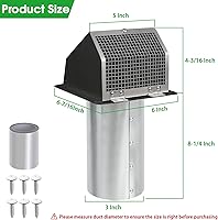Vista 2 de Cubierta de ventilación para secadora de 3 pulgadas, rejilla de ventilación de pared con pantalla y amortiguador, cubierta de ventilación exterior