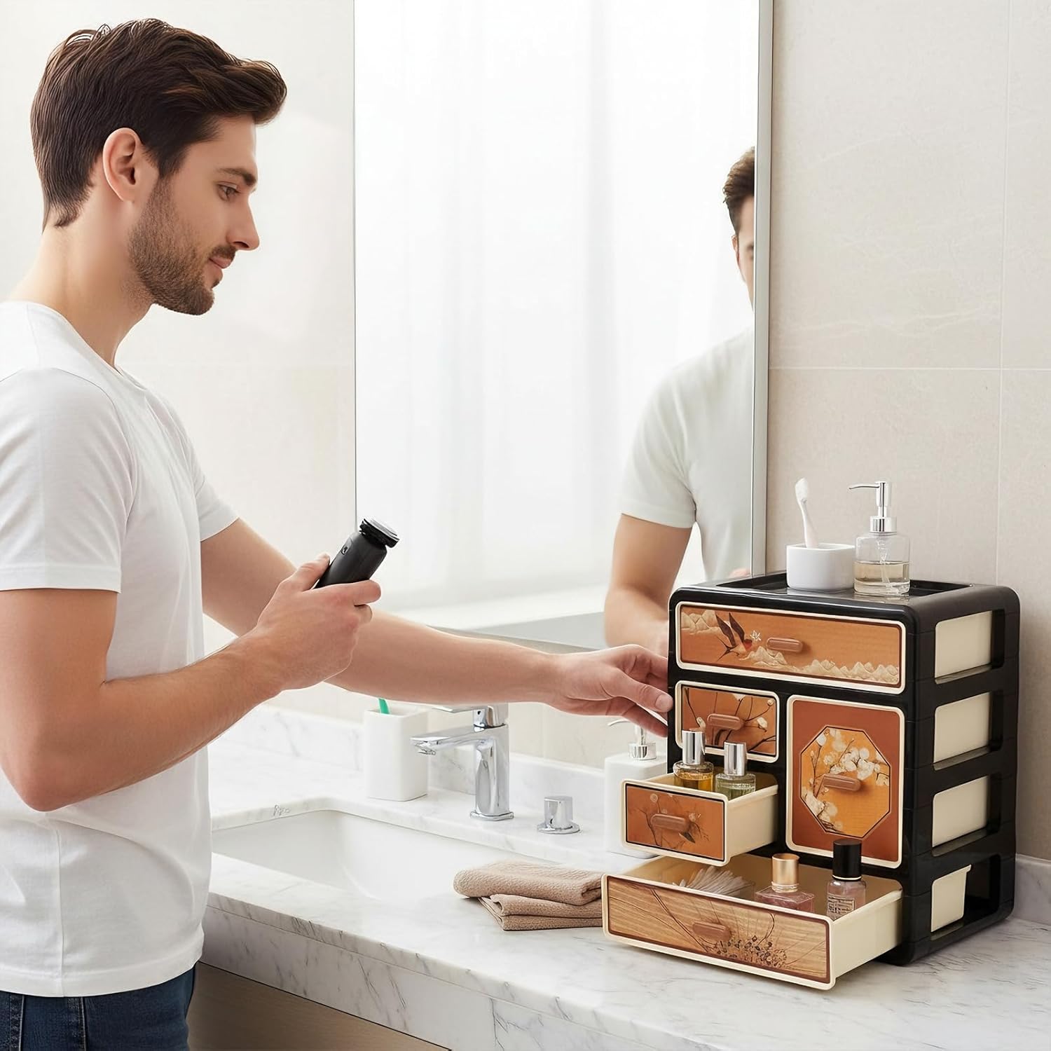 Cologne Organizer for Men,Cologne Stand with 5 Drawer,Stylish Nightstand Organizer with Floral & Bird Design,Dresser Drawer Organizers,Organizador de Perfumes,Perfume Stand Organizer for Bedroom,Black