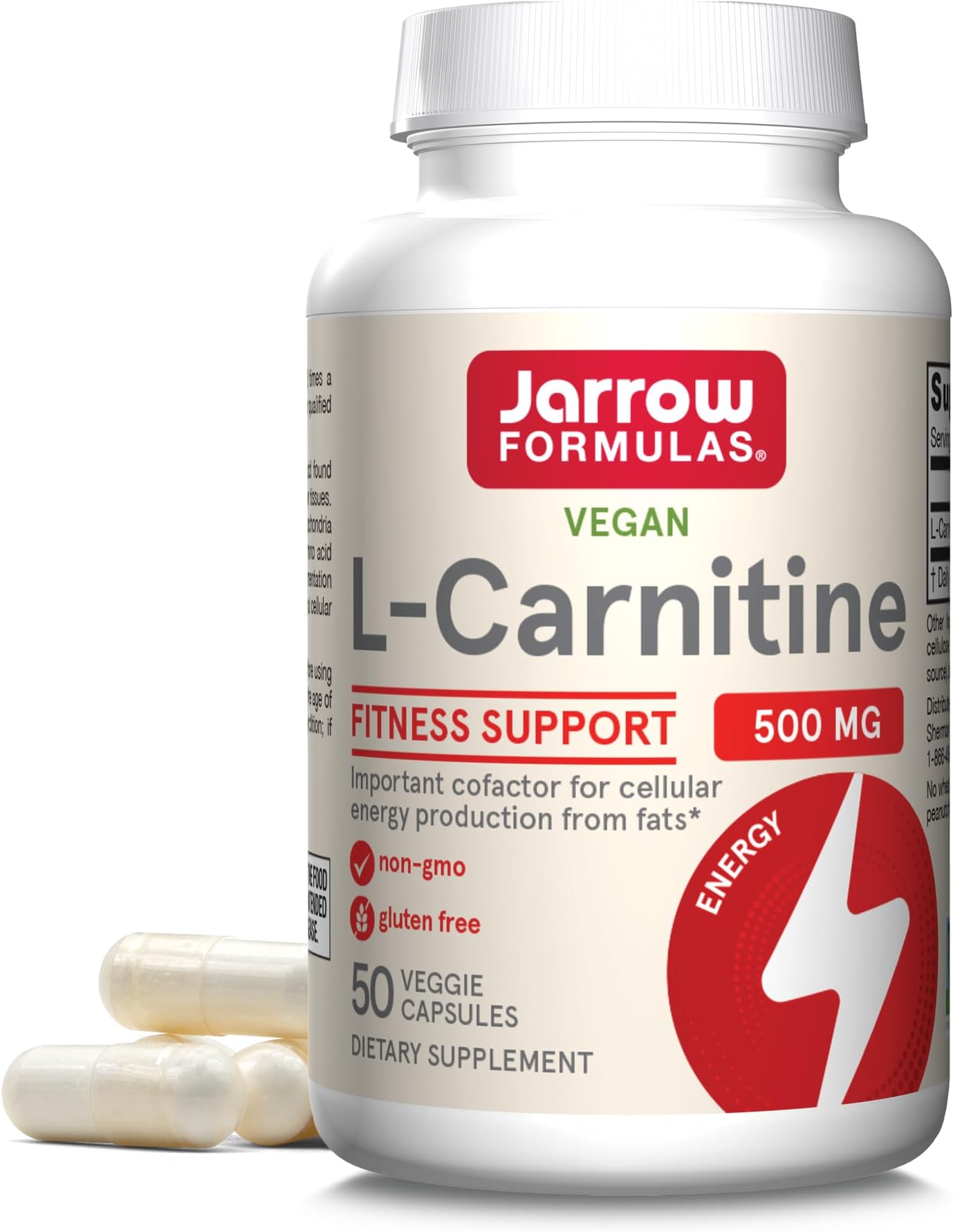 L-Carnitine Tartrate 500 mg, Important Cofactor for Energy Production (ATP) from Fats, Up to 50 Servings, White, 50 Count