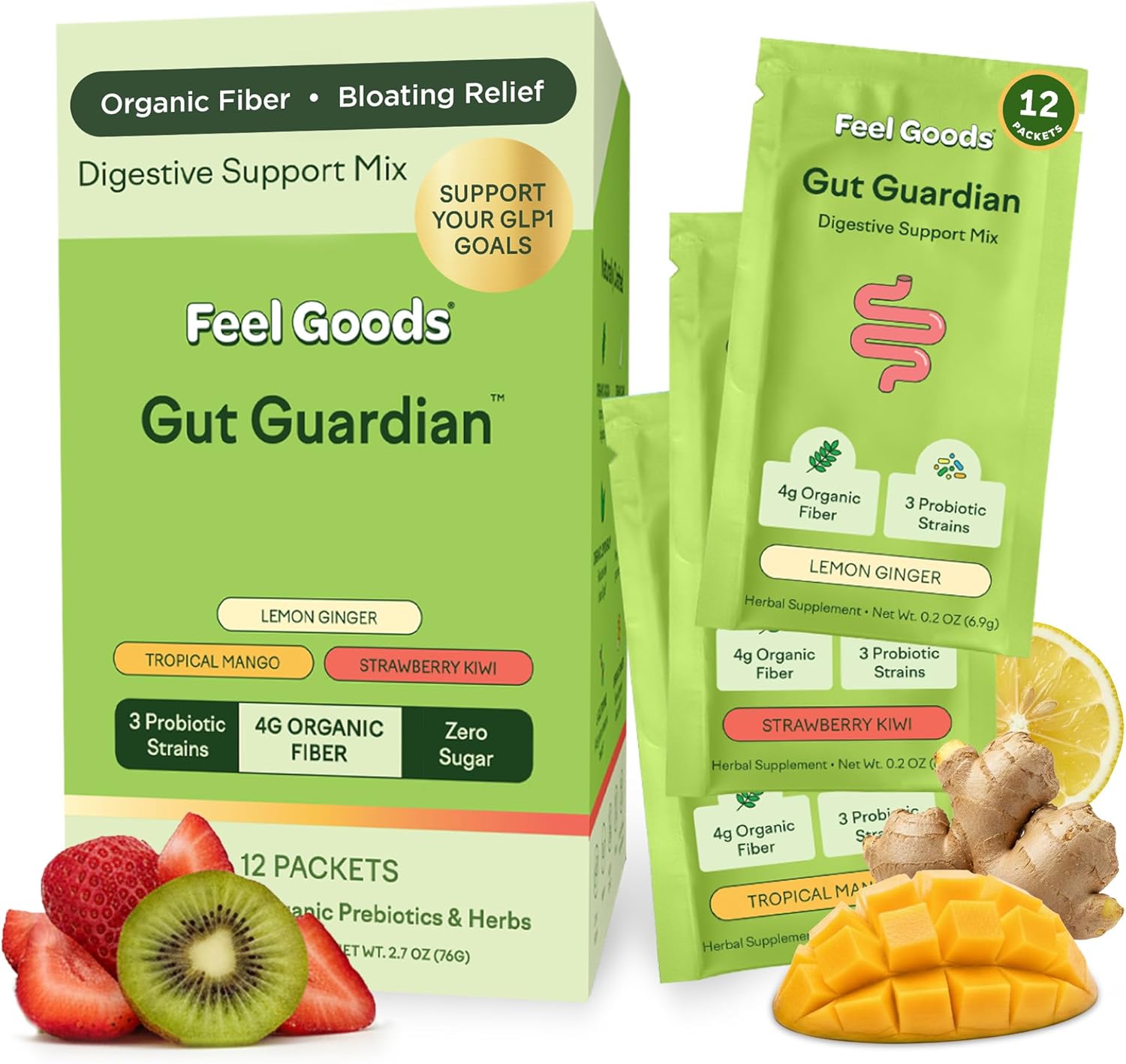 Feel Goods Gut Guardian, Digestive Health Powder Packets - Probiotic Fiber Powder with Prebiotics & L Glutamine for Gut Health, Bloating Relief & Digestion Support - Zero Sugar & Organic Flavor