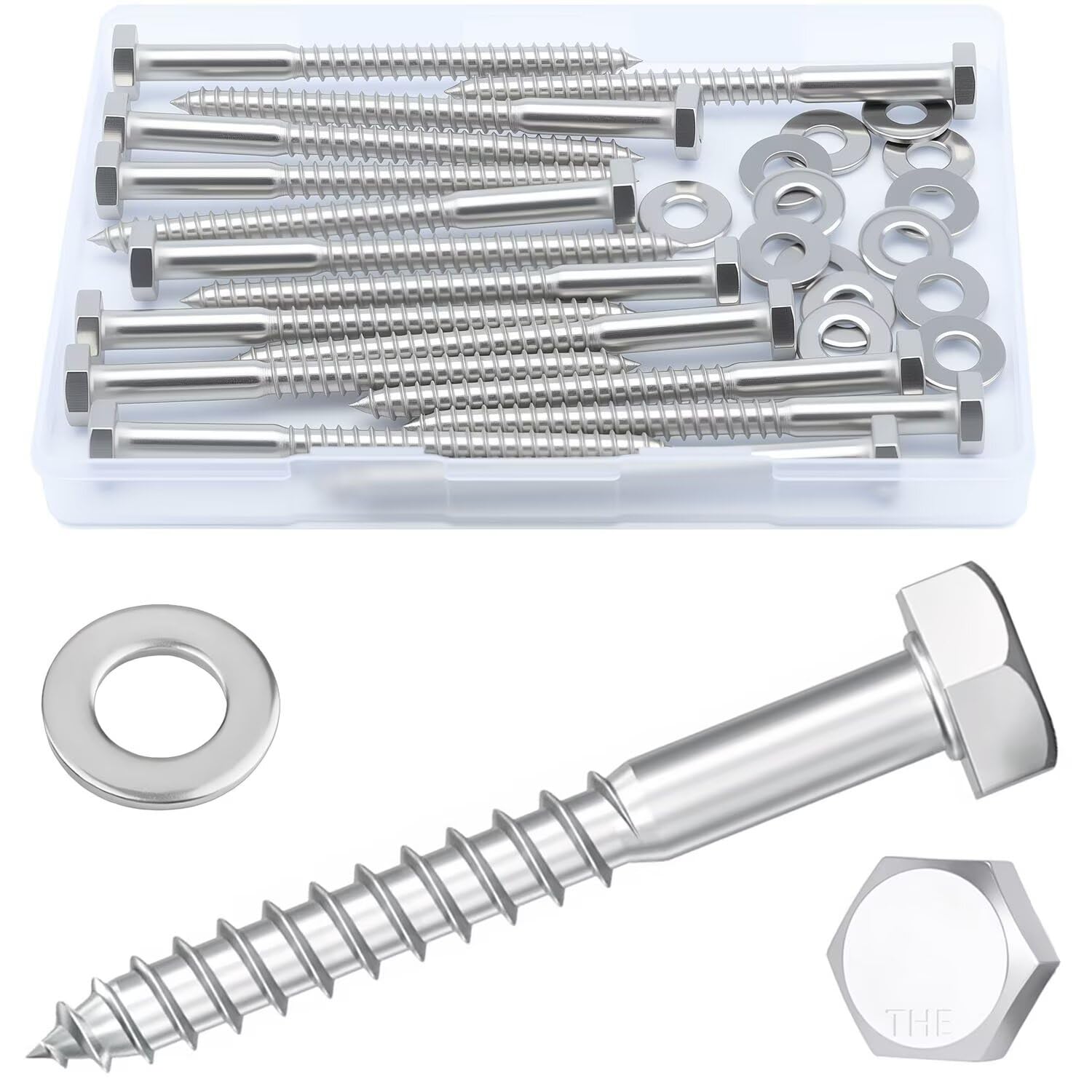 5/16 x 3-1/2" (12 Set) Hex Lag Screws, Hex Lag Bolts Heavy Duty Wood Screws Washers Assortment Kit Stainless Steel 18-8 (304)