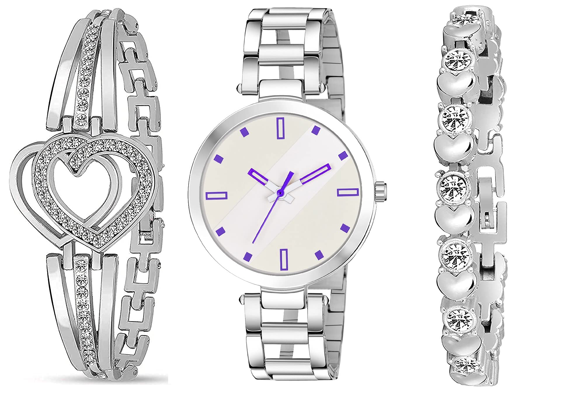Watch City Analogue Stainless Steel Belt Womens Watch and Girls Watch with Diomond and Heart Bracelet Pack of 3 (Multicolor Dial White Color Strap) (Perple) (B09B9RZPJ4) Amazon Price History, Amazon Price Tracker