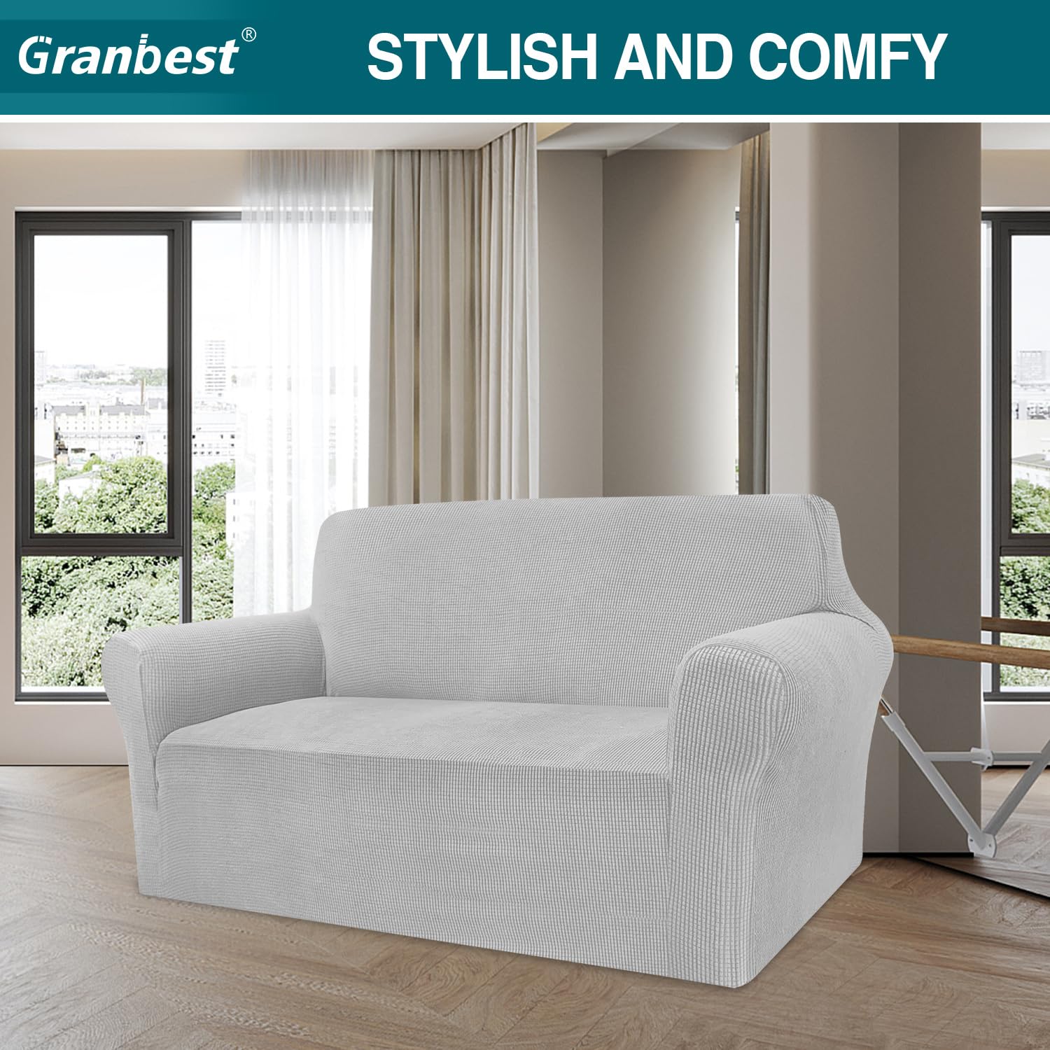 Granbest Copridivano ad alta elasticità, moderno copridivano jacquard, elasticizzato, per soggiorno, protezione per cani, animali domestici (2 posti, grigio argento)