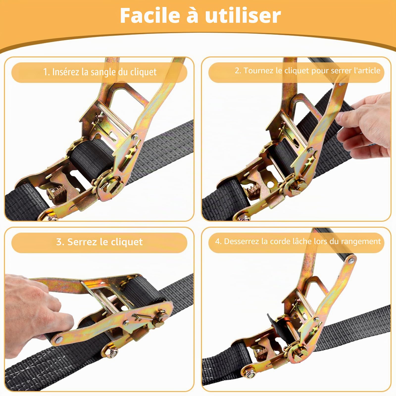 AKOLAFE Lot de 2 Sangle a Cliquet 10M×50MM Sangle D'arrimage à Cliquet 3000 kg Sangle à Cliquet avec Crochet en Polyester Sangles à Cliquer Noir pour Moto, Remorque, Voiture, Camion