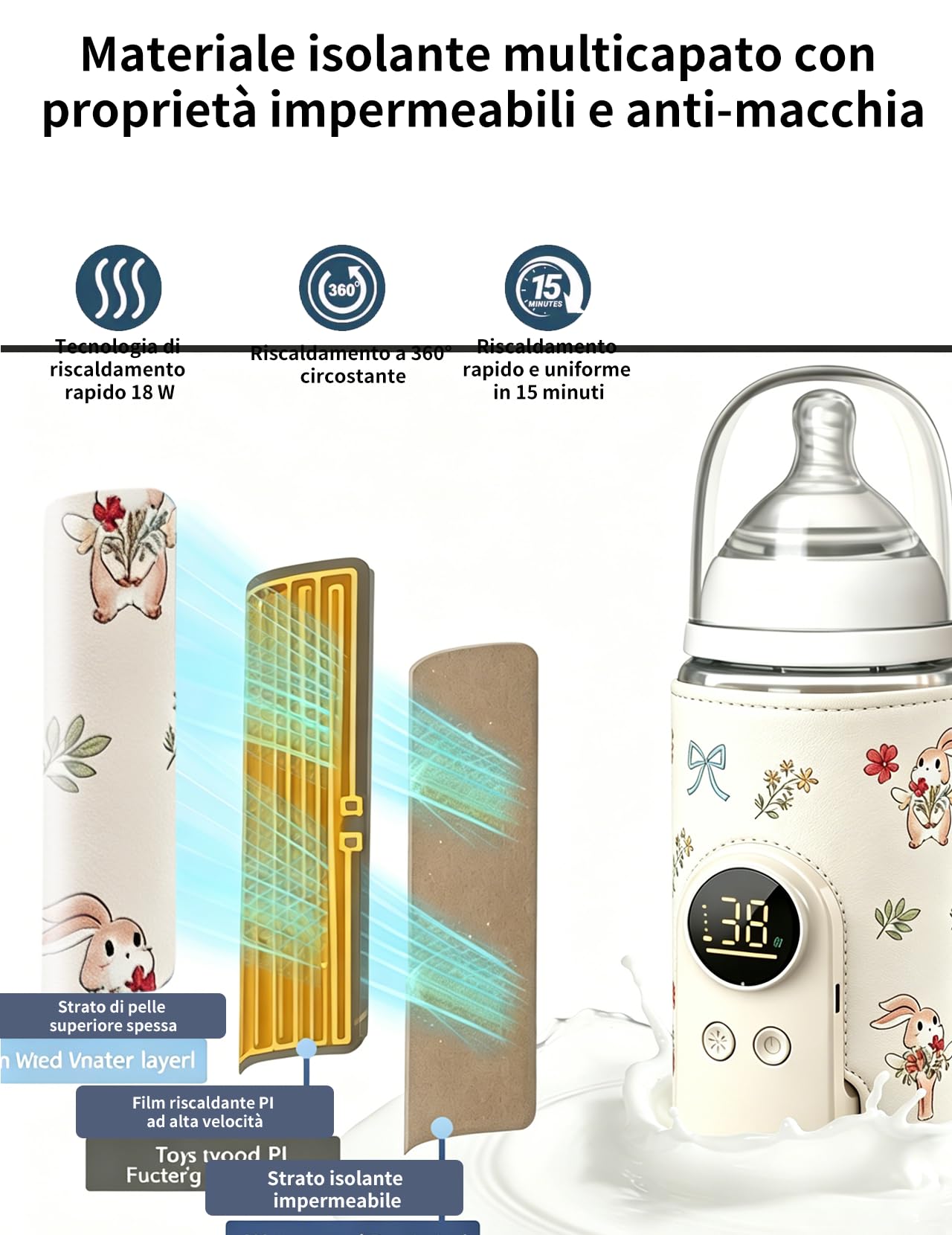 Scaldabiberon per bambini, con batteria da 8000 mAh, 6 livelli di temperatura da 38 a 50 °C, indicatore LED e luce notturna, portatile, funzione di ricarica USB, per viaggi e casa (beige)