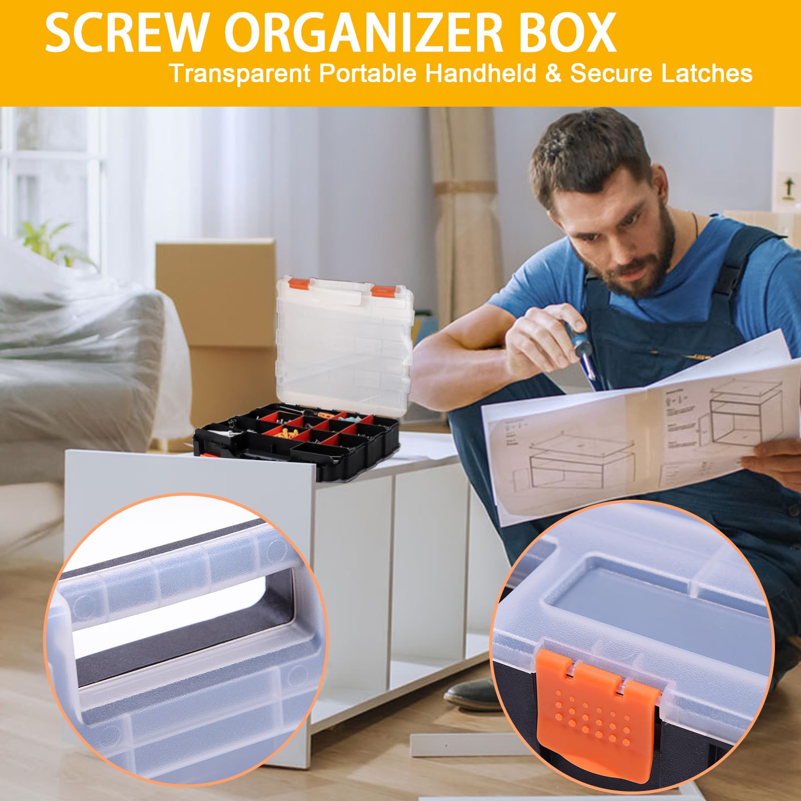 Organizer per piccole parti a doppio lato, organizer per ferramenta con 30 scomparti rimovibili, 4 sezioni fisse, scatola organizer portatile in plastica per viti, dadi e bulloni