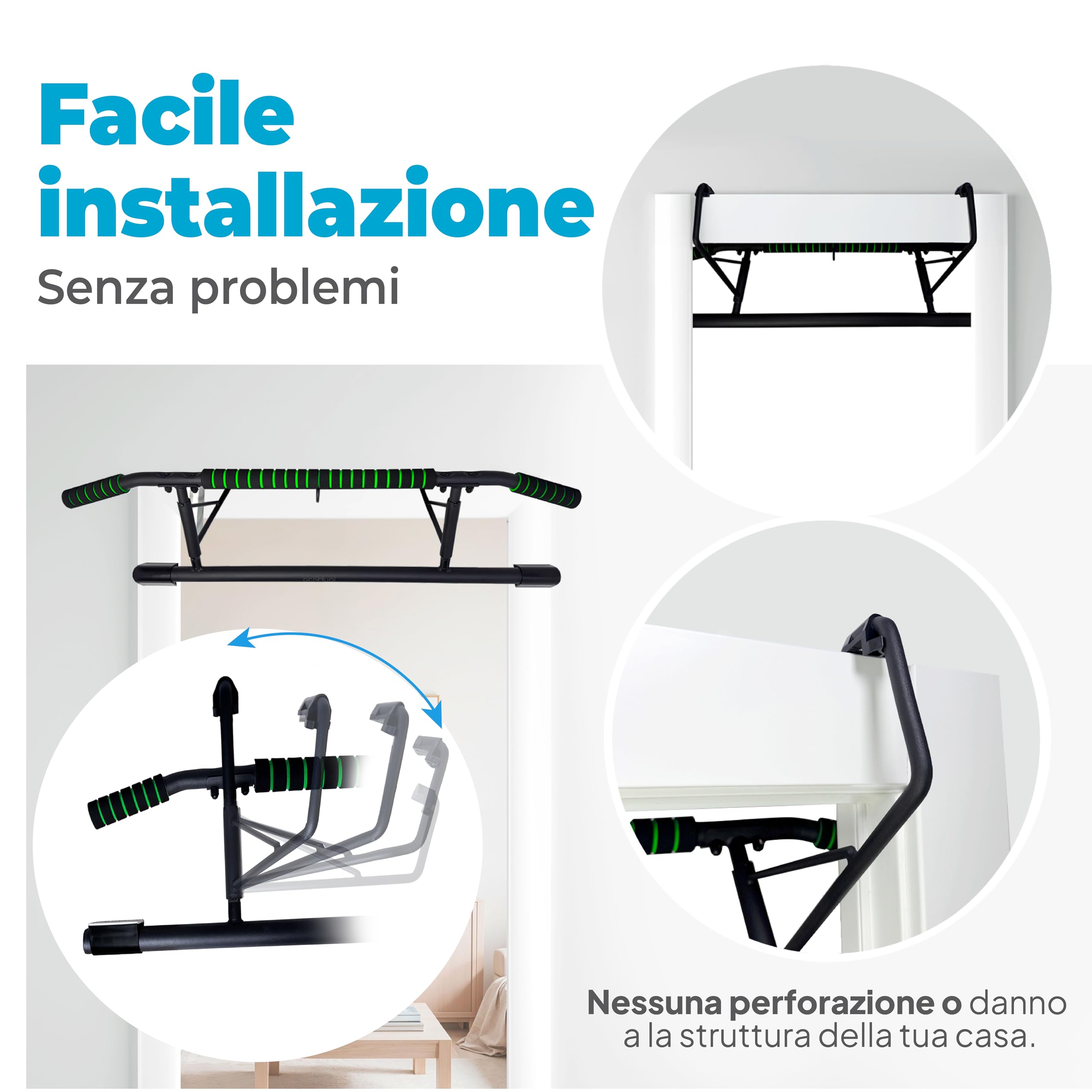 OcioDual sBarra per Trazioni Senza Viti + Cinghie per Allenamento in Sospensione, Barra per Trazioni da Porta Maniglie Elastiche e Antiscivolo in Schiuma, Pull Up Bar Door