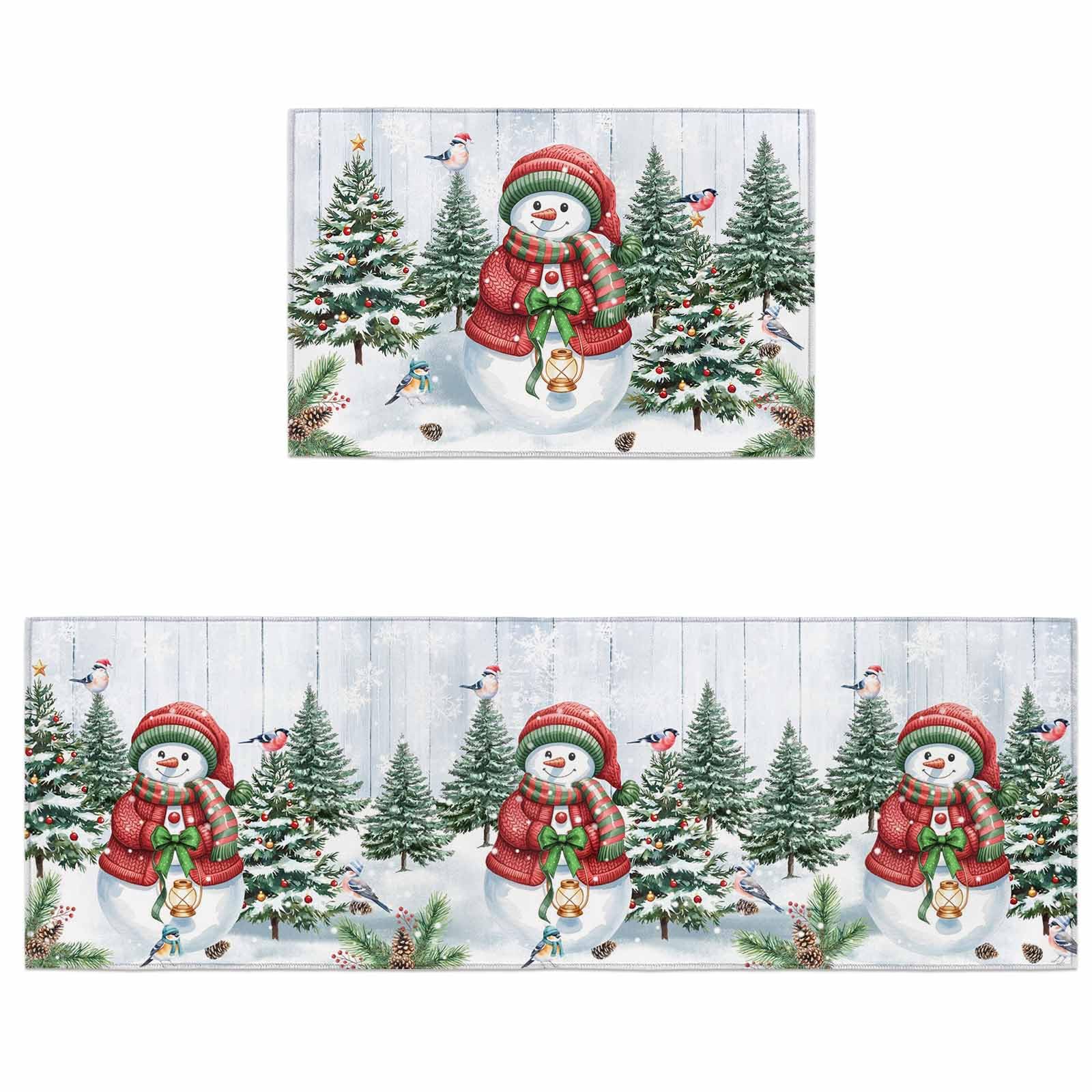 LooPoP Christmas Tree Snowman Kitchen Mats for Floor Cushioned Anti Fatigue 2 Piece Set Kitchen Runner Rugs Non Skid Washable Snowflakes Robin Berries