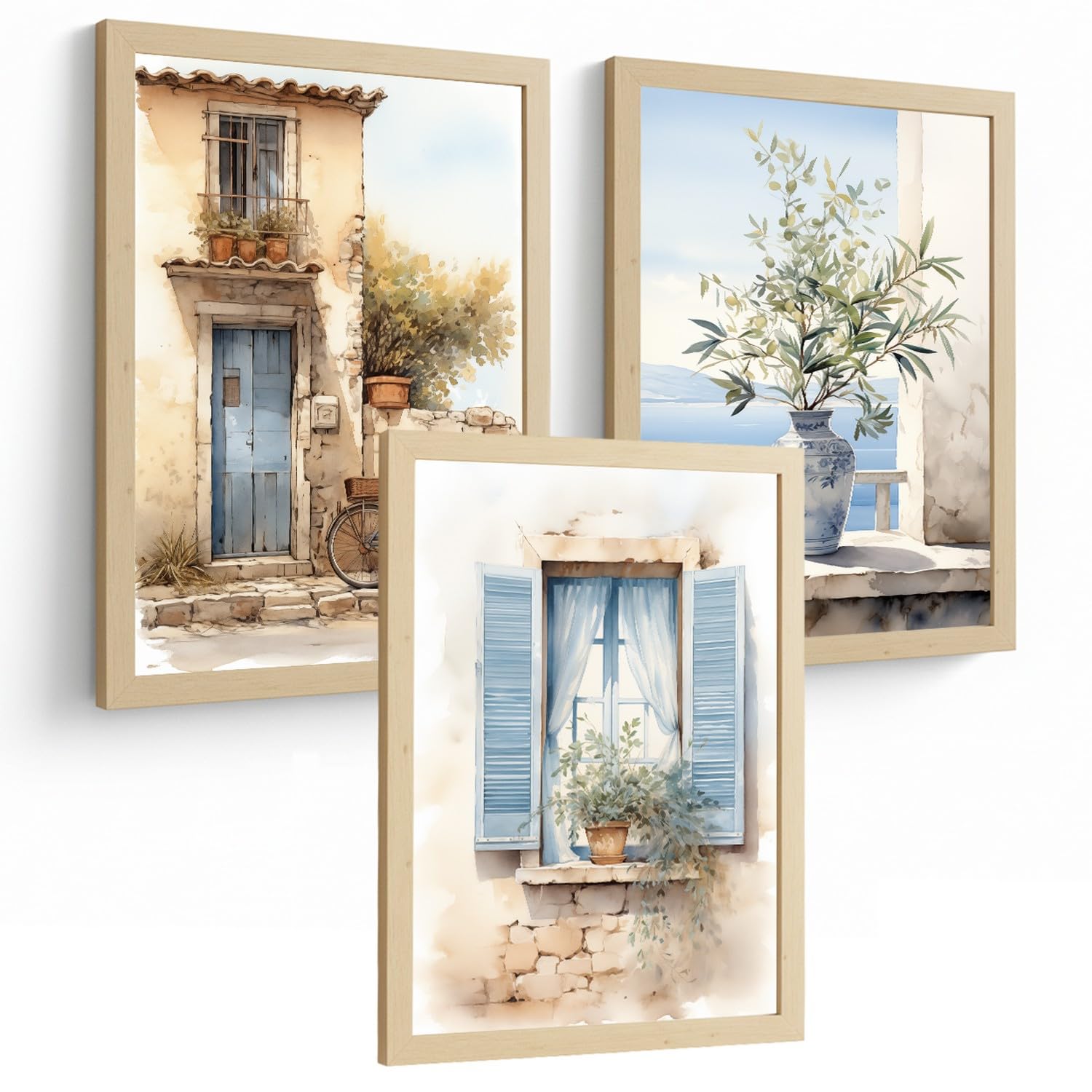Nacnic Lot De 3 Affiches Marines Aquarelle – Tableaux Muraux Bleus Modernes Pour Salon, Décoration Chambre Cuisine Salle De Bain A3 Cadre En Bois Léger