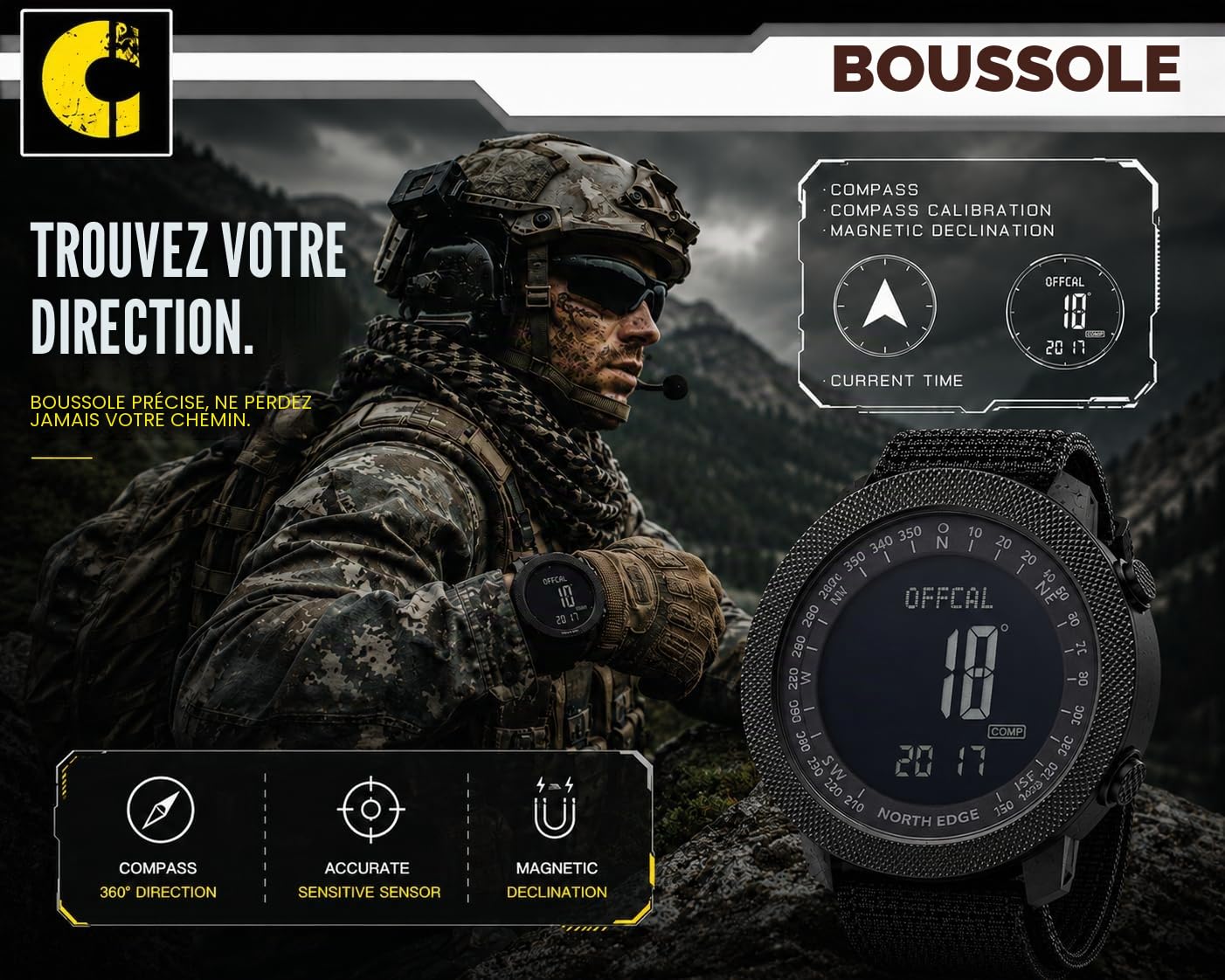 NORTH EDGE Apache Montre de Sport numérique Militaire pour Homme étanche 50 m avec chronomètre Alarme Compte à rebours Double Temps altimètre baromètre Boussole Montres-Bracelets