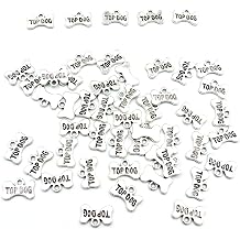 50Pcs Top Dog Word Printed Bone Shaped Charms Beads Silver Flat Mini Metal Bone Charms for Jewelry Making Bracelet Necklace Keychain DIY Supplies Dog Tag Charm