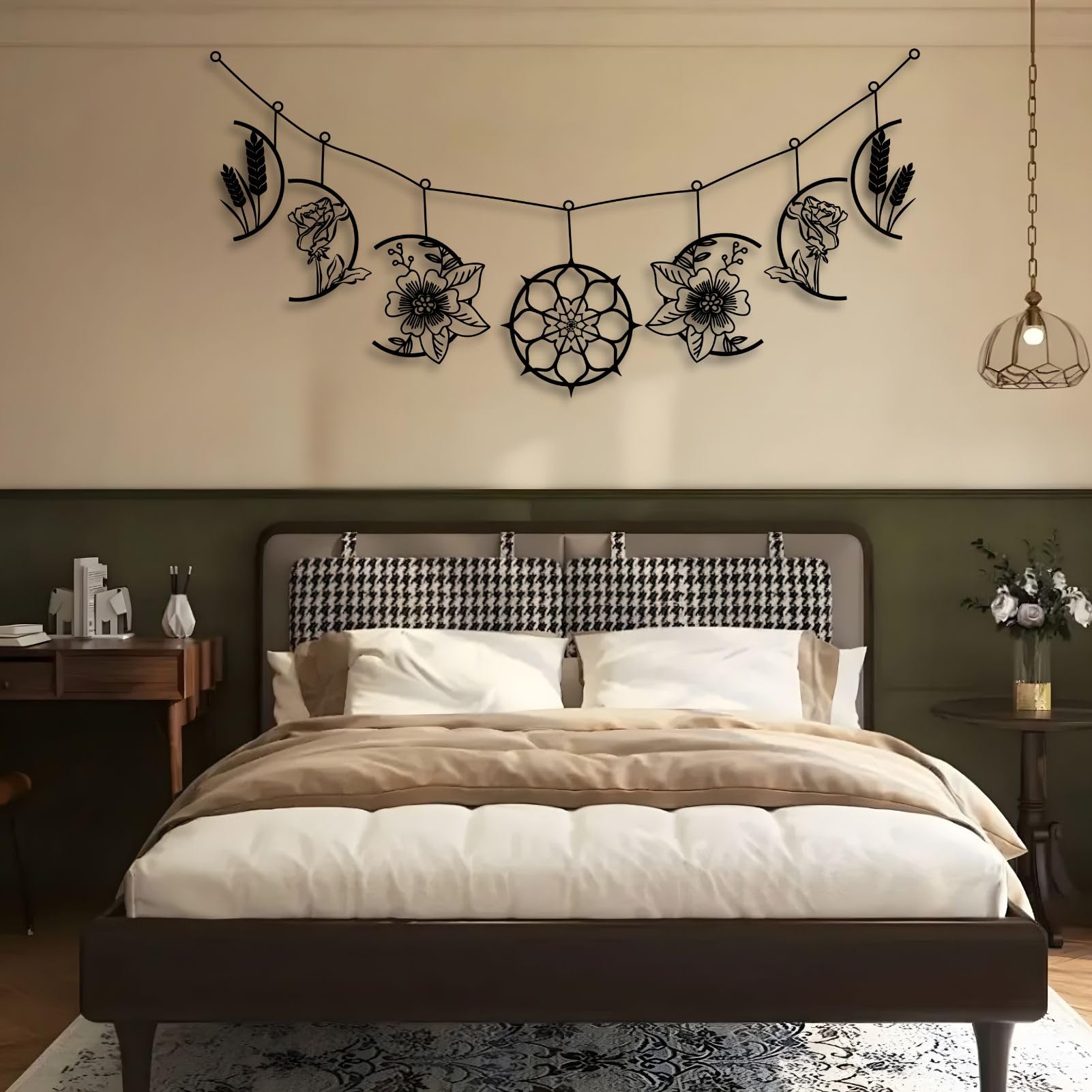 Arte de Pared de Fase Lunar de Metal Plateado Arte de Pared de Estilo Bohemio Floral de Granja Decoración de Arte de Fase Lunar Escultura Moderna para Sala de Estar, Dormitorio, Pasillo y decoración