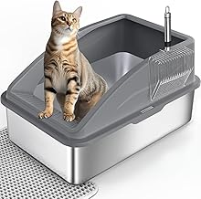 FURTIME Stainless Steel Cat Litter Tray, 20L Stainless Steel Litter with Metal Scoop, XXL Leak-Proof Cat Litter, Apis Double Layer Litter, High Walls, Odourless, 61 x 40 x 31 cm