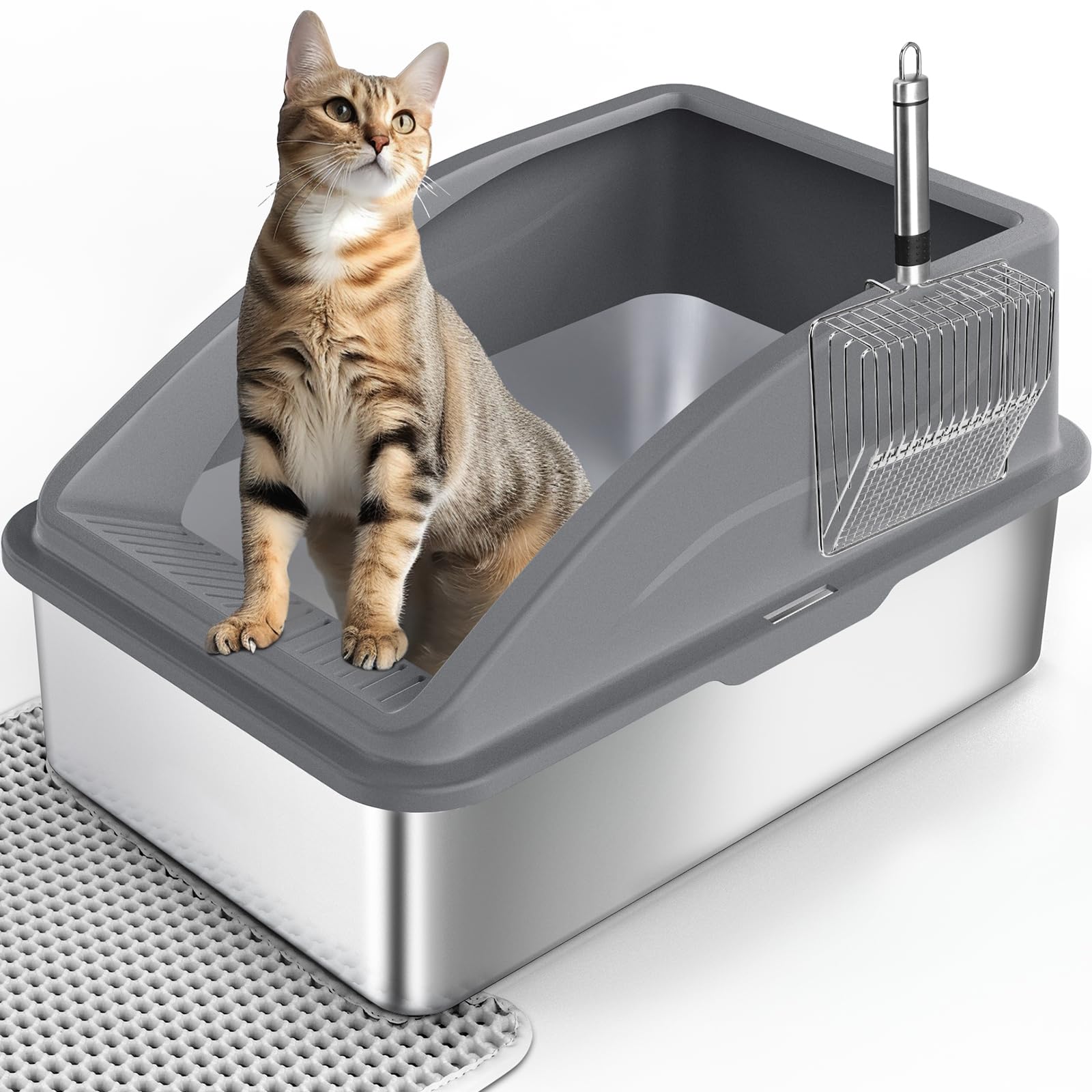 Katzenklo Edelstahl XXL, Katzentoilette Edelstahl 37L Katzenklo Groß mit Katzenstreuschaufel und Doppelschicht Matte, Litter Box, 60x40x31cm