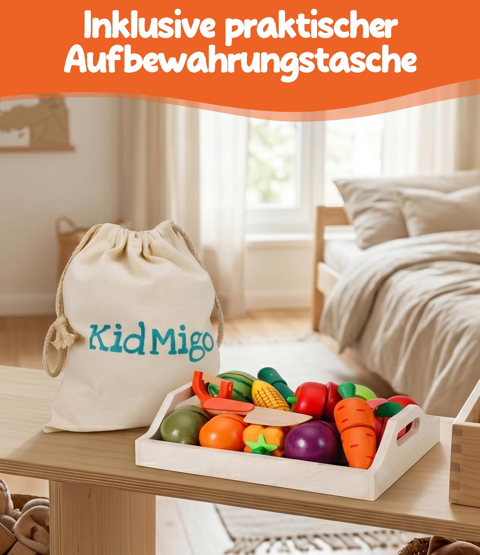KidMigo Kinderküche Zubehör, Kinderküche Holz, 19 Artikel, 35 Stück Schneidespielzeug mit Serviertablett, Küchenspielzeug mit Leinwand-Aufbewahrungstasche, Holzspielzeug 2 Jahre