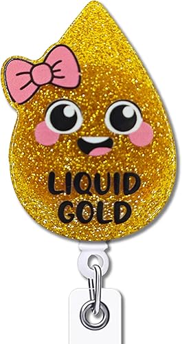 YAZMEEN Carrete retráctil para enfermera con clip de cocodrilo, oro líquido, gota de leche, soporte para tarjeta de identificación, divertido