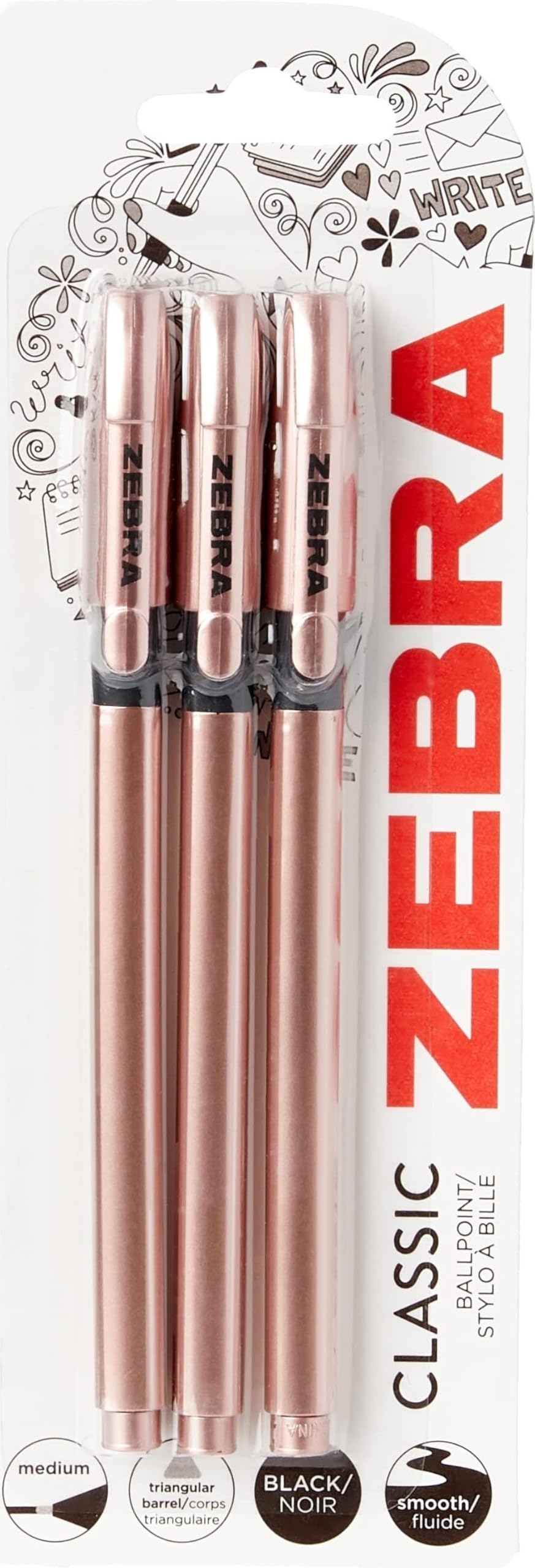 Zebra Pack Of Three Rose Gold Ballpoint Pens