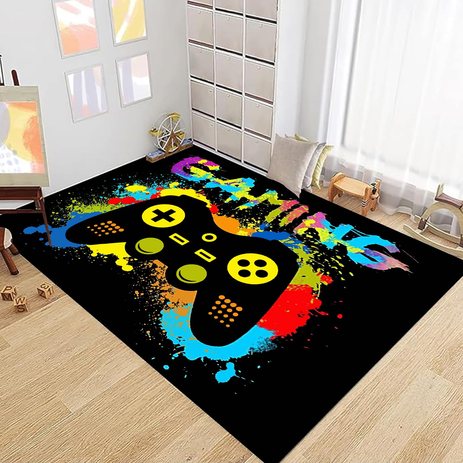 Tapis 3D Gamepad Motif de Manette de Jeu 140 x 180 cm, Tapis Manette De Jeux Coloré et Moderne De Grande Surface en et Antidérapante, Idéal pour Salon, Chambre De Garçon et Chambre d'Adolescent (A)