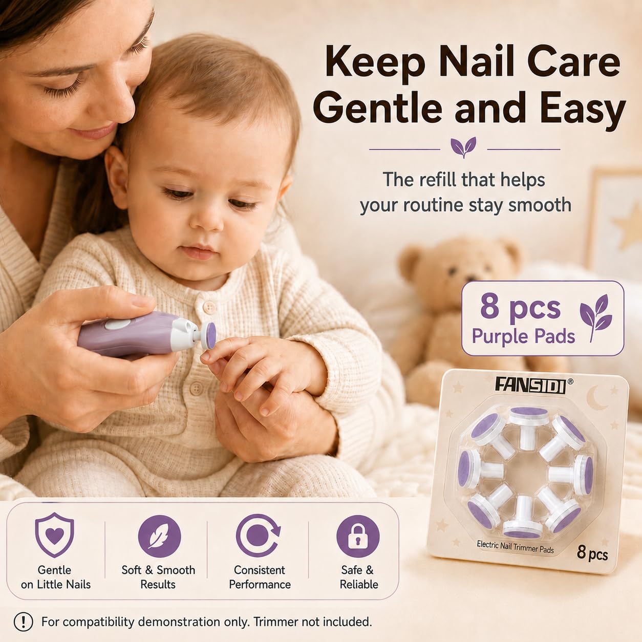 Fansidi Elektrische Baby Nagelfeile Ersatzpads | Kompatibel mit FANSIDI Nagelschneidern, Sicher + Einfache Pflege, Trimmen und Nagelfeilen für Nagelpflege, Geeignet für 6-12 Monate, Lila