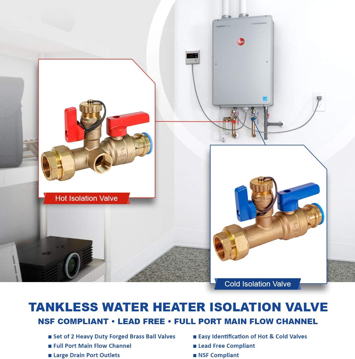 Midline Valve GUHW-JTP3-S-MG Tankless Water Heater Kit- Set of 2 Heavy Duty Hot and Cold Isolation Valves with Cleanouts, Forged Brass, 1 in. Press
