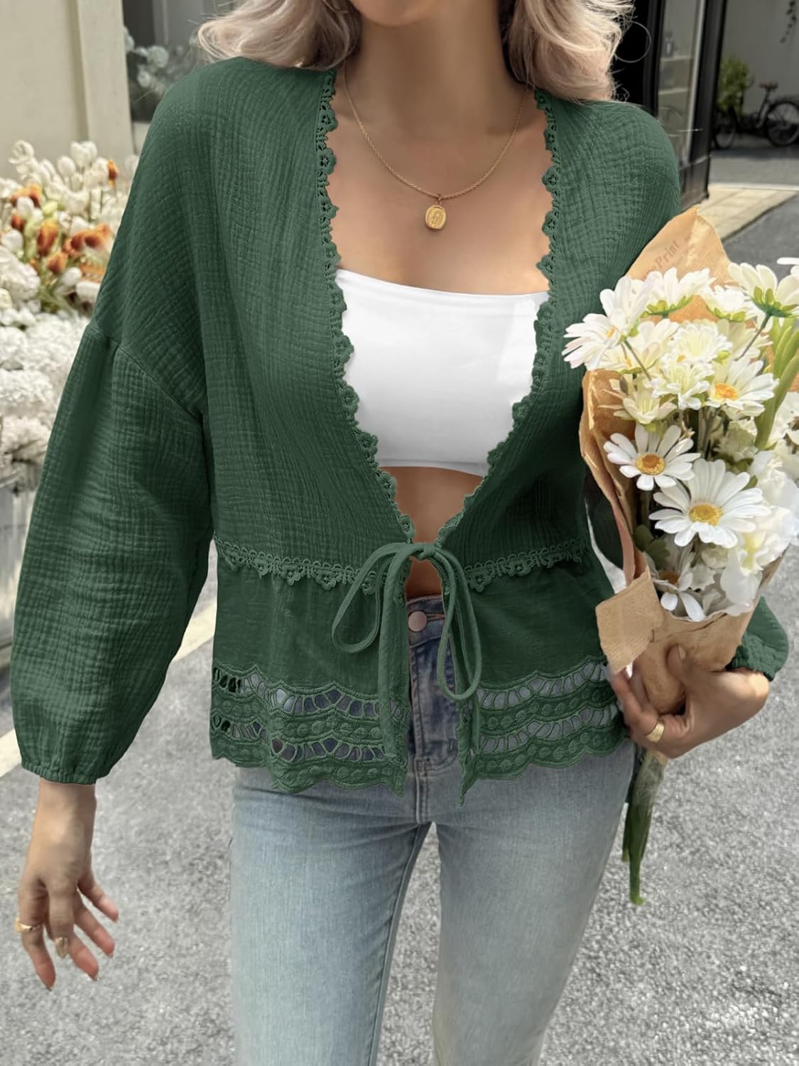 Tankaneo Womens Deep V Neck Tie Front Blouse Cotton Long Puff Sleeve Eyelet Tops Cute Lace Trim Flowy Ruffle Shirts - Image 4