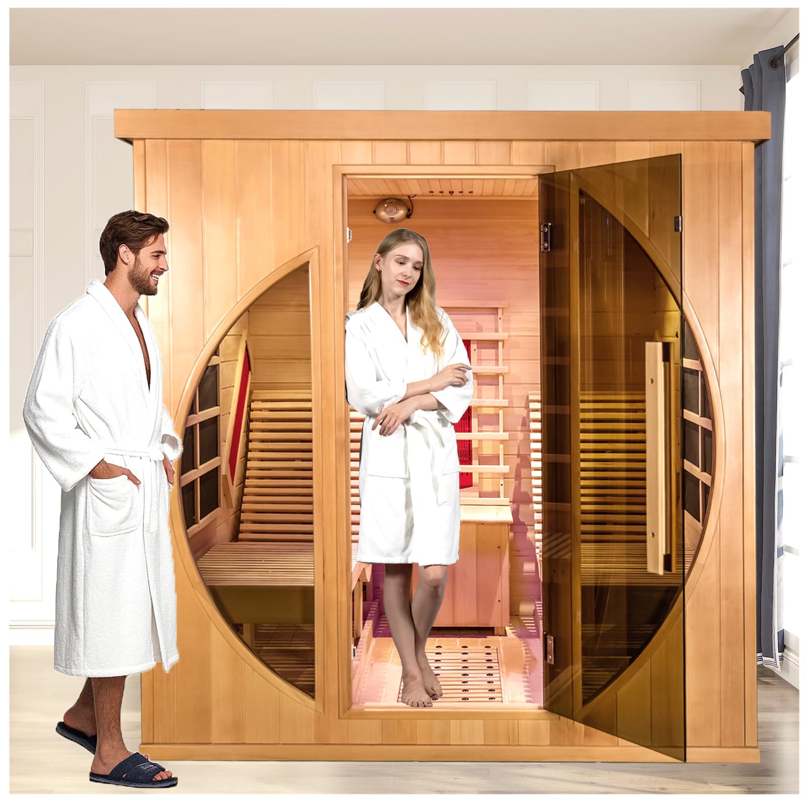 Smartmak Full Spectrum Infrared 2 Person Sauna Room for Home, Red Light Therapy Luxury Recliner Wood Indoor Saunas, Canadian Hemlock Dry Spa Room, 3400W with 10 Heaters, Speakers, Lights, Oxygen Bar