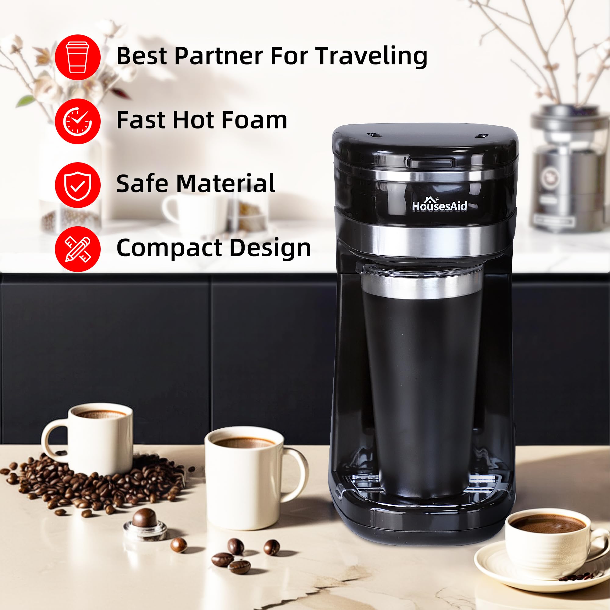 coffee machine, Single Serve Coffee Maker, One Cup Coffee Maker with Reusable Filter & One-touch Control Button, Portable Brewer for Camping, Travel & Home, Easy To Clean& Store, 15oz/450ml, Black