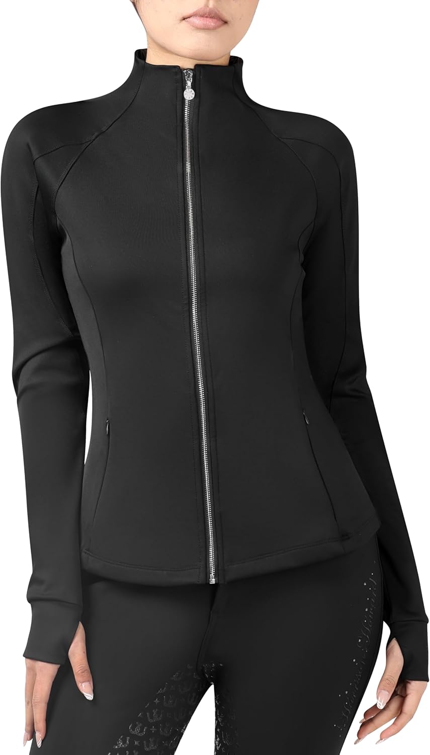 Harrison Howard Long Sleeve Equestrian Shirt Thermal Zip Jacket w/Fleece Interior Horse Riding Top with Extended Thumbholes