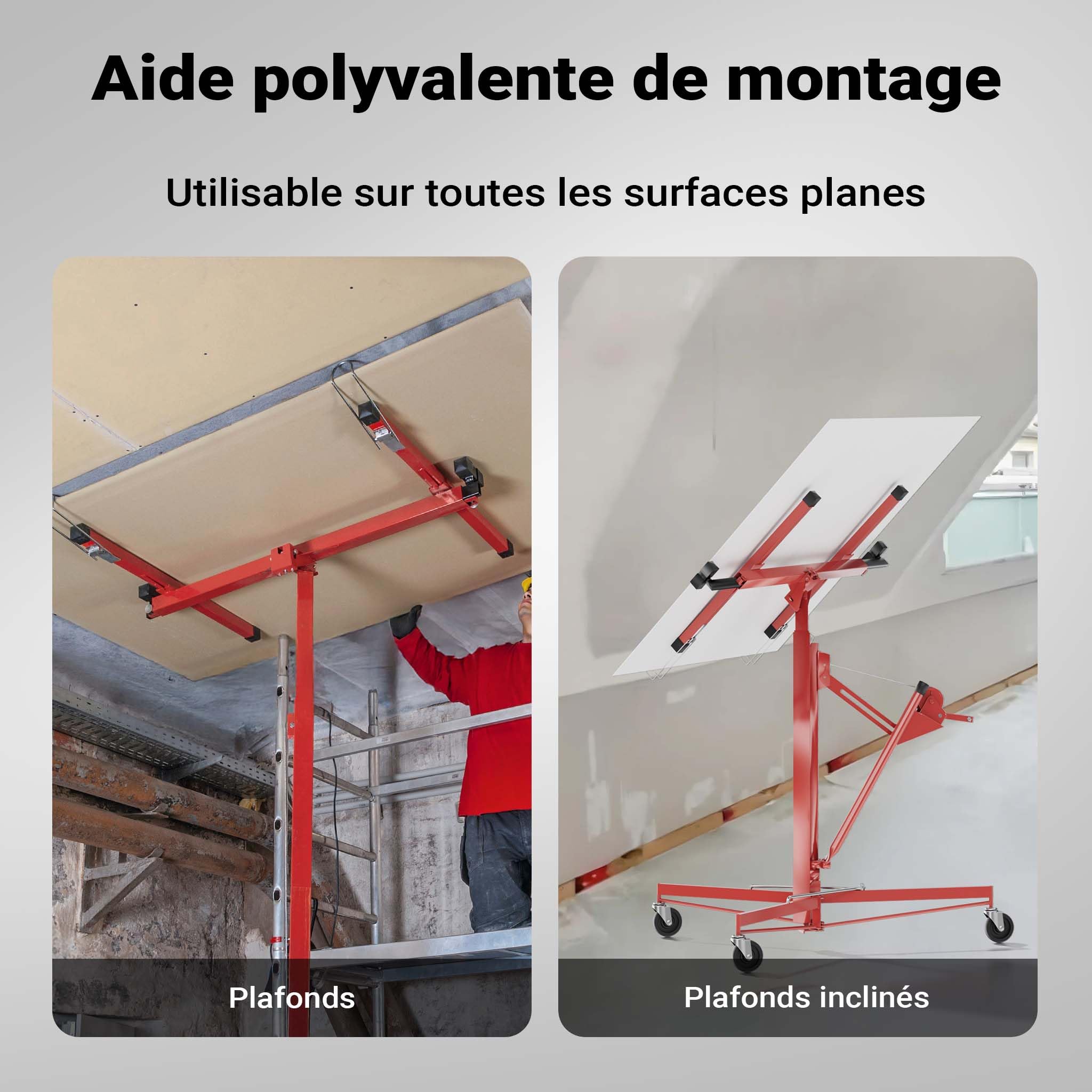 Wiltec Lève-panneaux, lève-plaques de plâtre XXL rouge – capacité de charge max. 68 kg – Hauteur 140-350 cm – Largeur max. 290 cm – 3 Roues - Aide au montage Construction