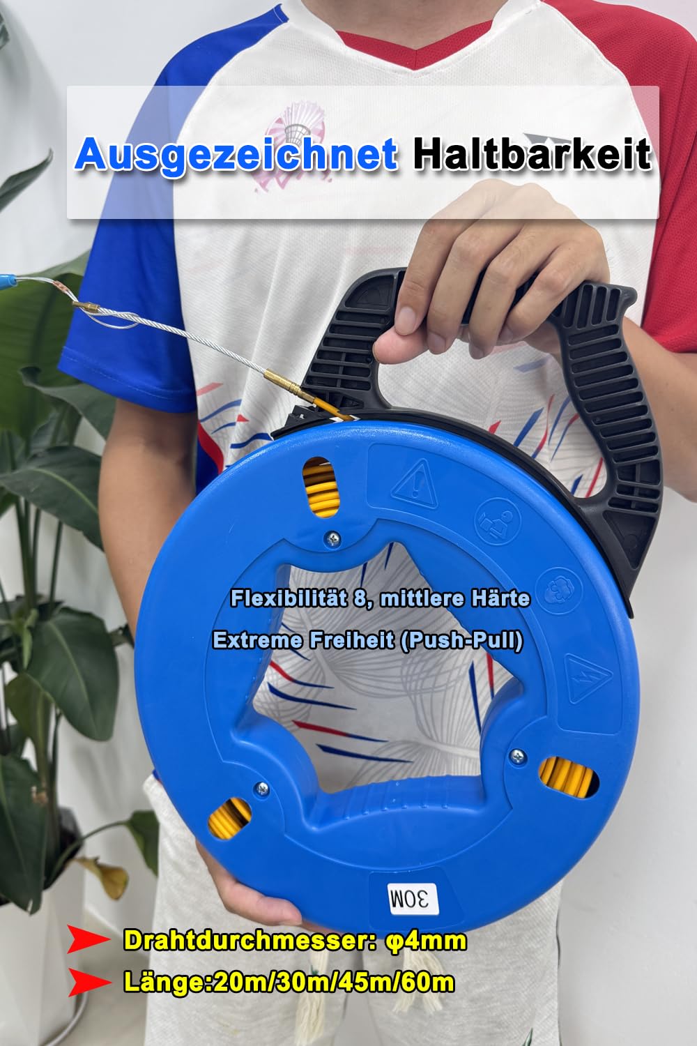 30m 4mm Fish Tape Kabeleinziehhilfe, Glasfaser Einziehspirale, Kabelziehwerkzeug für Elektroverkabelung, LAN & Rohre, mit Aufbewahrungskoffer