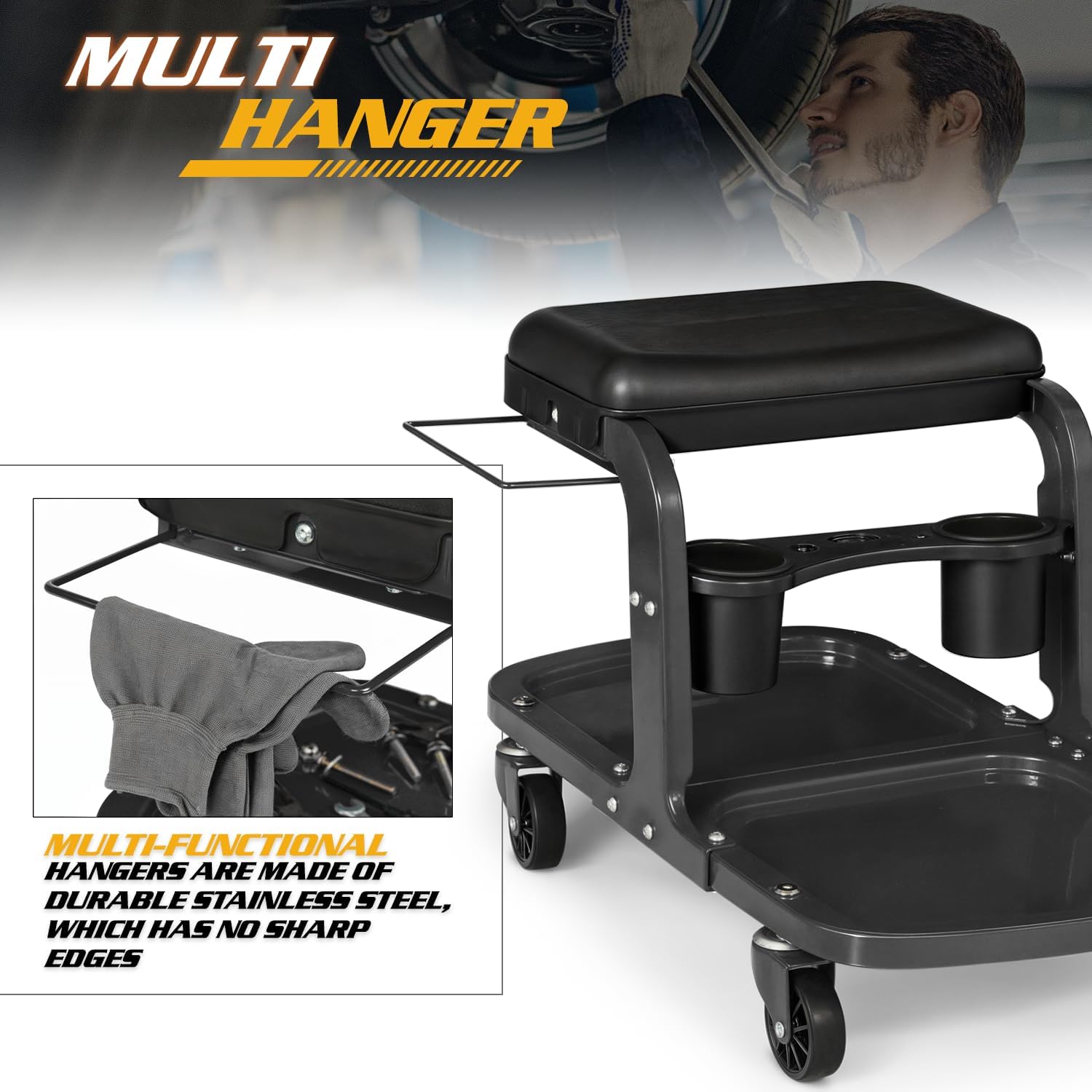 Magshion Garage Shop Roller Seat with Built-in Tool Holder & Tray – Heavy-Duty 350 Lbs Capacity Mechanics Rolling Stool with Wheels for Workshop & Auto Repair (Black)