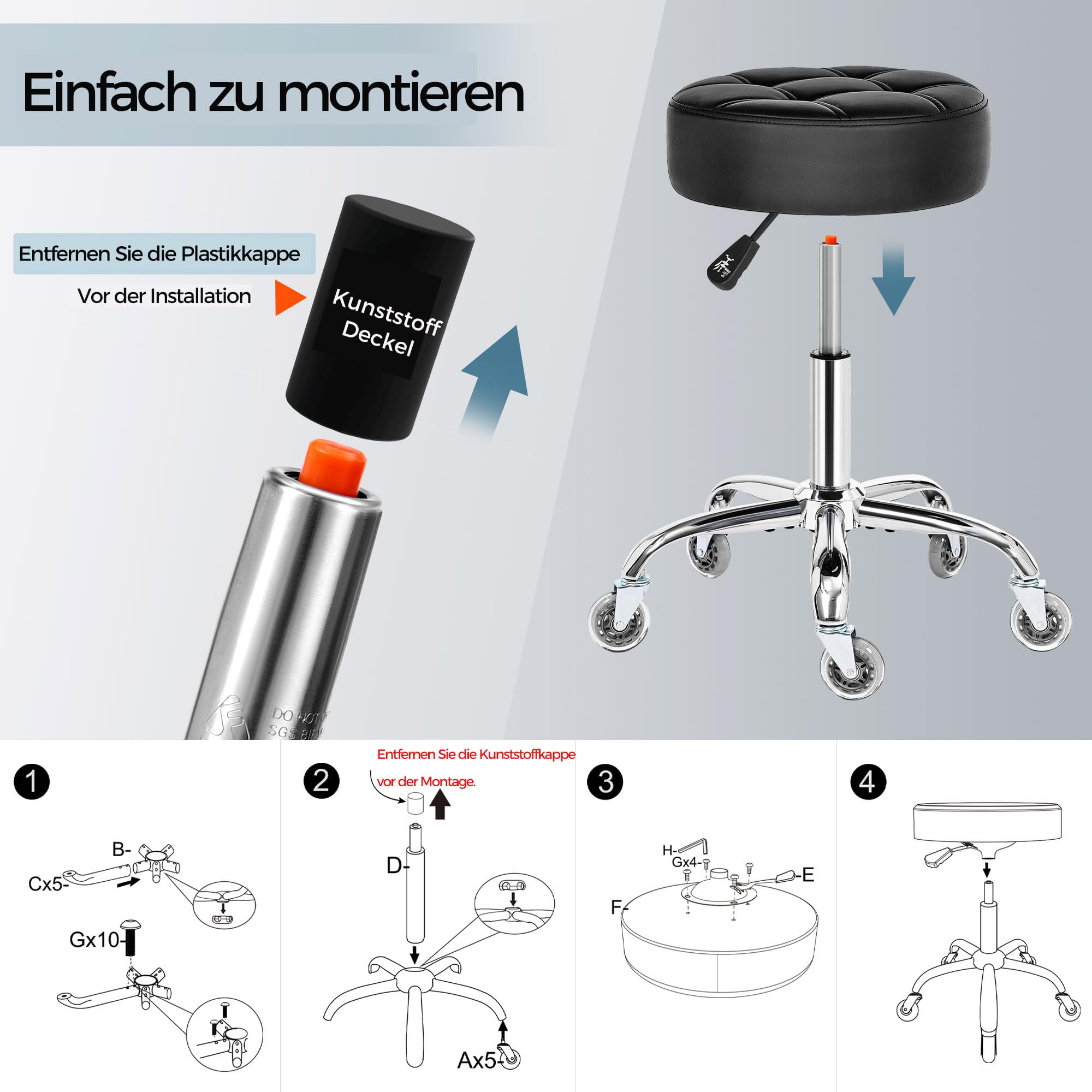 BEWISHOME Rollhocker mit Rollen,Verstellbarer Hocker für hohe Belastungen bis 200 kg,360° Drehhocker Hocker für Salon,Spa PU-Sitzpolsterung (schwarz) EBYD01B