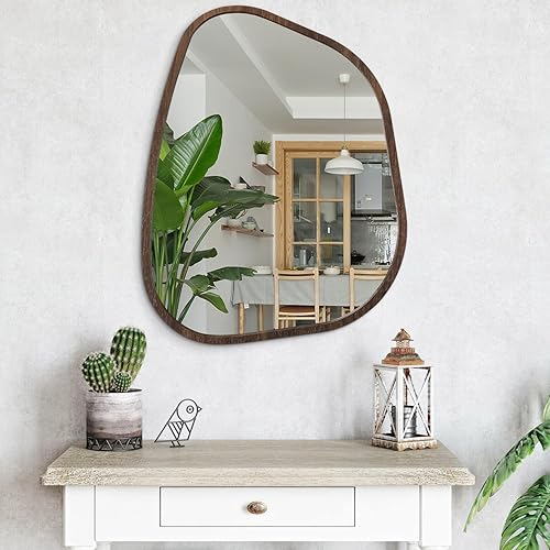 Miniatura 181 de Espejo de pared irregular de 26 x 18 pulgadas, espejo de baño grande asimétrico con marco de madera, espejos decorativos artísticos modernos