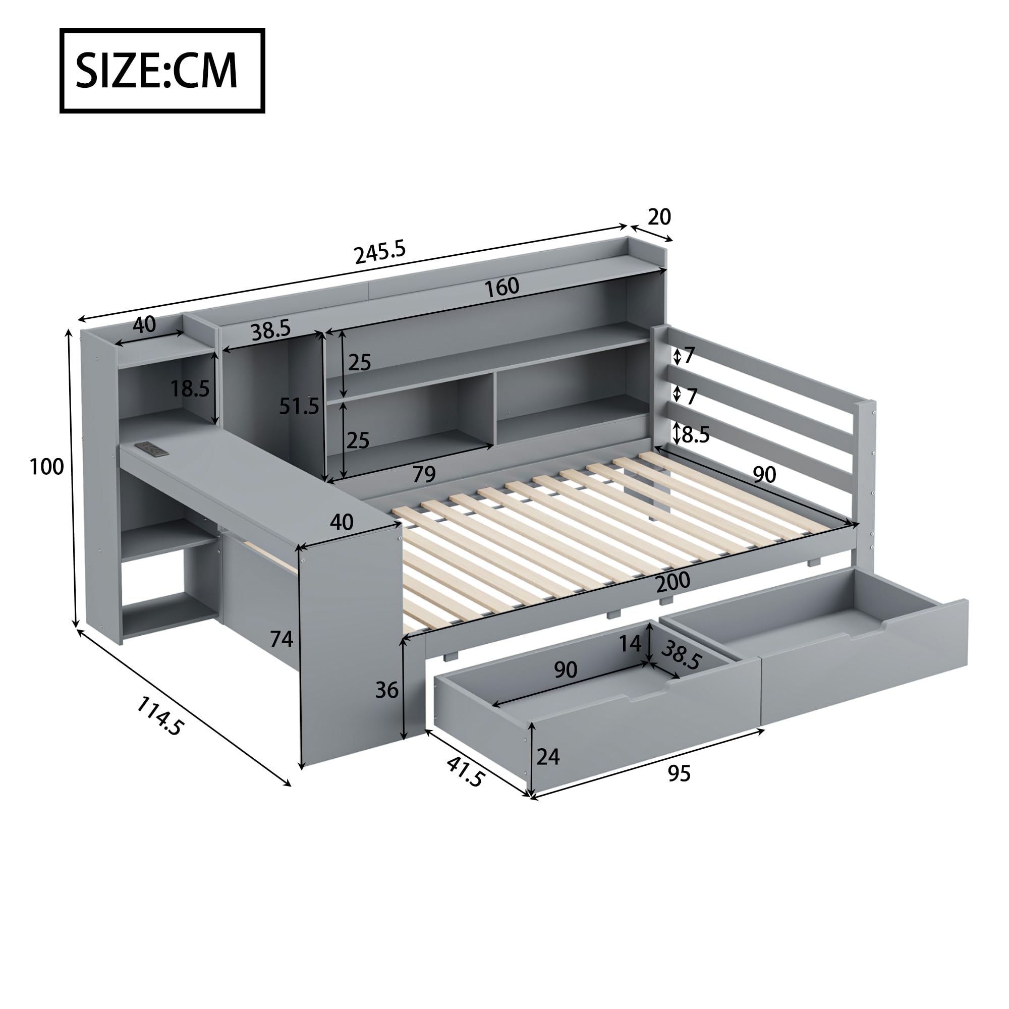 Wielofunkcyjna sofa z funkcją spania z litego drewna z wbudowanym biurkiem, gniazdkiem i miejscem do przechowywania – zajmuje mało miejsca 90 x 200 cm, w kolorze szarym do salonu, pokoju gościnnego