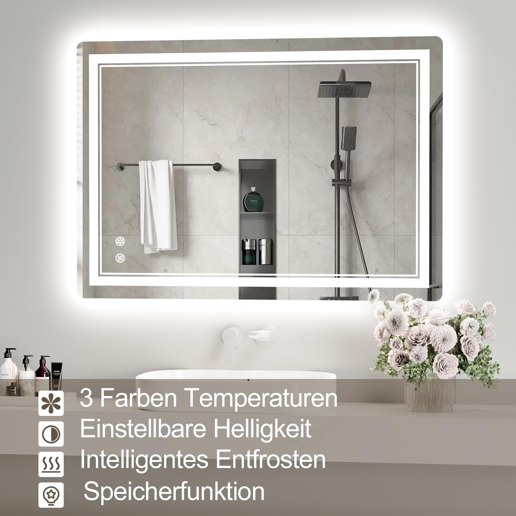 Badspiegel mit Beleuchtung, Badezimmer Wandspiegel mit Led 3 Farben